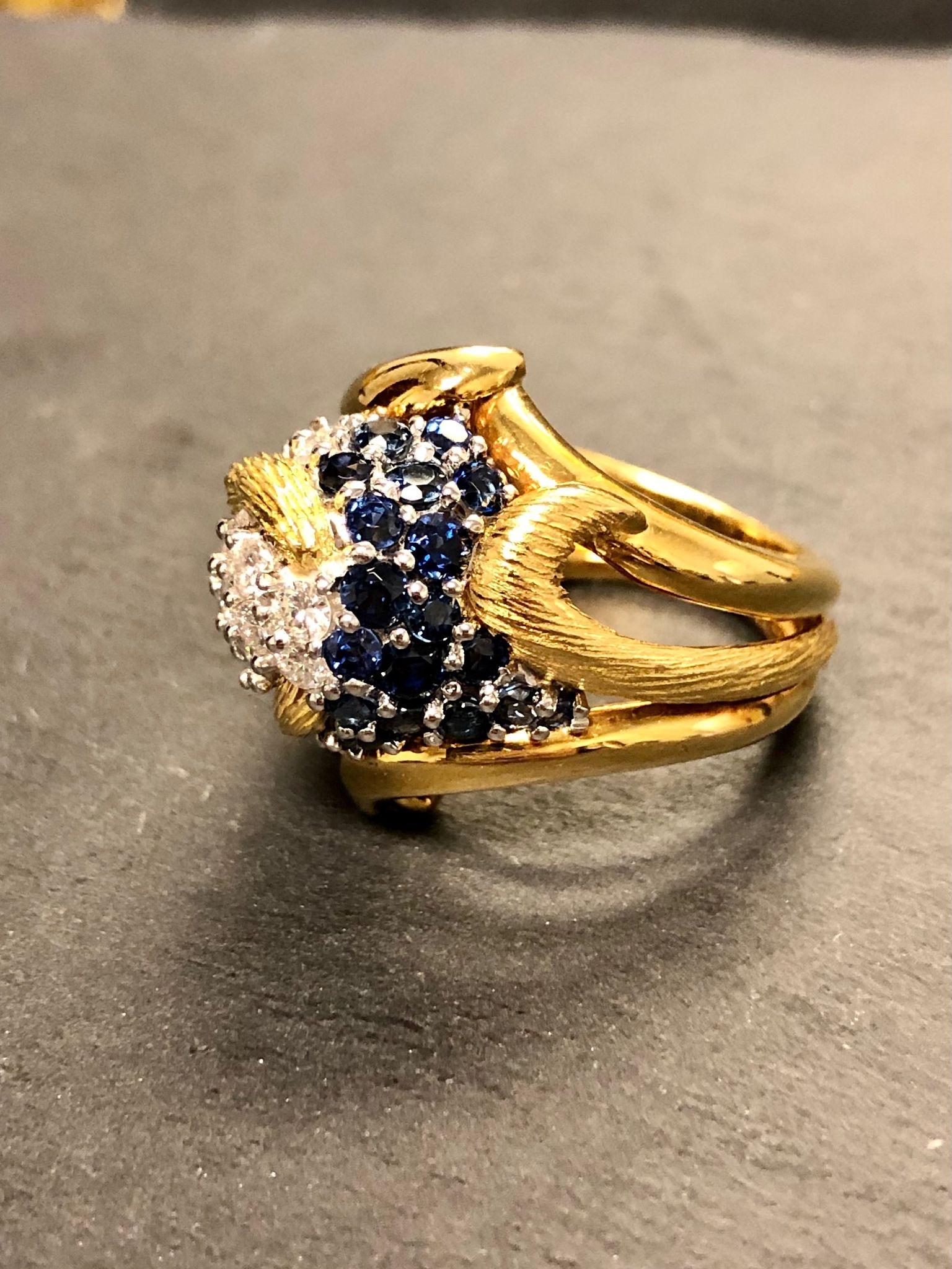 Contemporary Vintage 18K Sapphire Diamond Textured Dome Ring For Sale