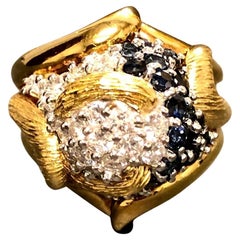 Vintage 18K Sapphire Diamond Textured Dome Ring