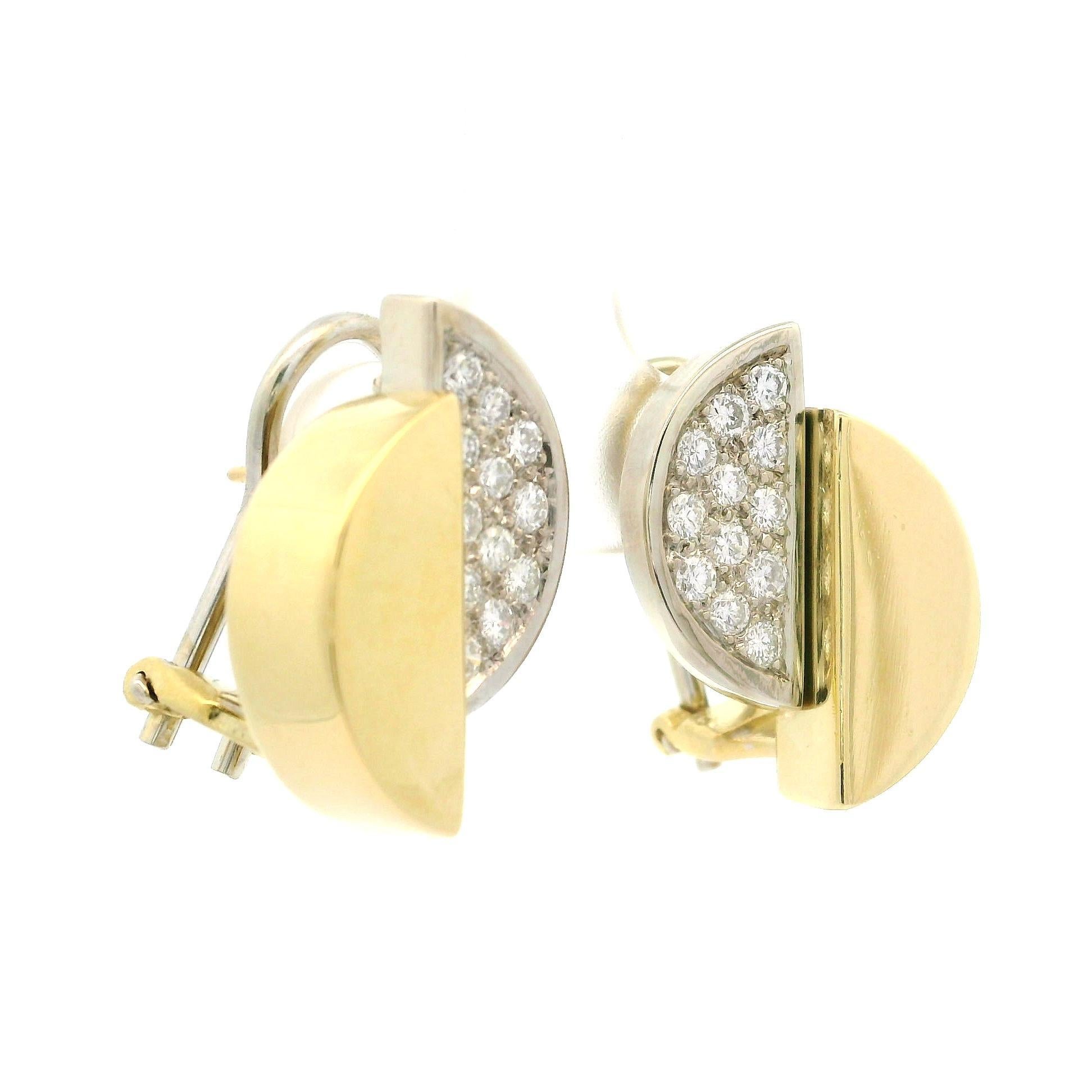 Brilliant Cut Vintage 18k Solid Gold .65ct Diamond Polished Ying Yang Geometric Omega Earrings For Sale