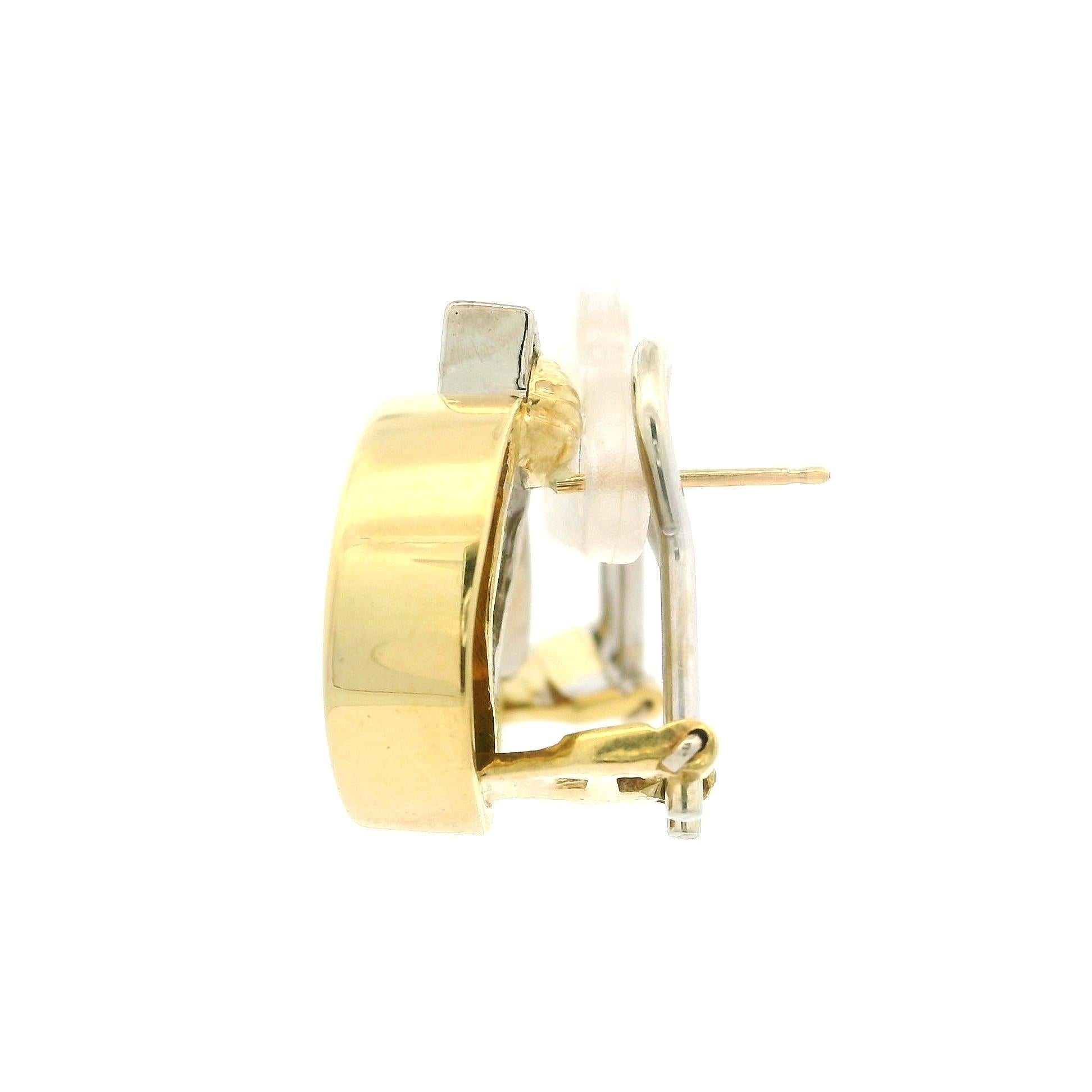Vintage 18k Solid Gold .65ct Diamond Polished Ying Yang Geometric Omega Earrings In Excellent Condition For Sale In Montclair, NJ
