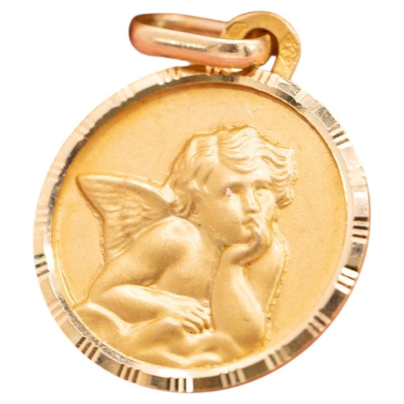 Vintage Or massif 18k Médaillon Ange Raphael - Pendentif Chérubin Français