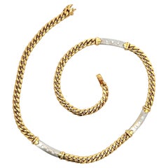 Vintage 18k Solid Gold Curb Cuban Chain Necklace Curved Diamond Stations