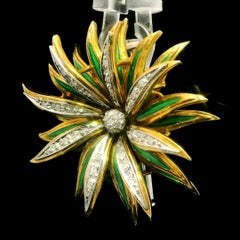 Vintage 18k Solid Gold Diamond Green Enamel Spray Flower Multi Layer Brooch Pin