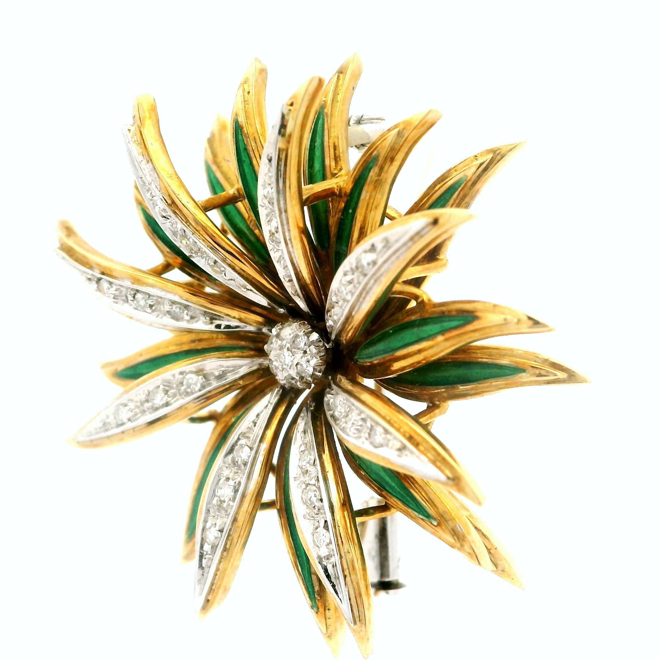 Vintage 18k Massivgold Diamant Grün Emaille Sprühblume Multi Layer Brosche Pin im Zustand „Hervorragend“ im Angebot in Montclair, NJ