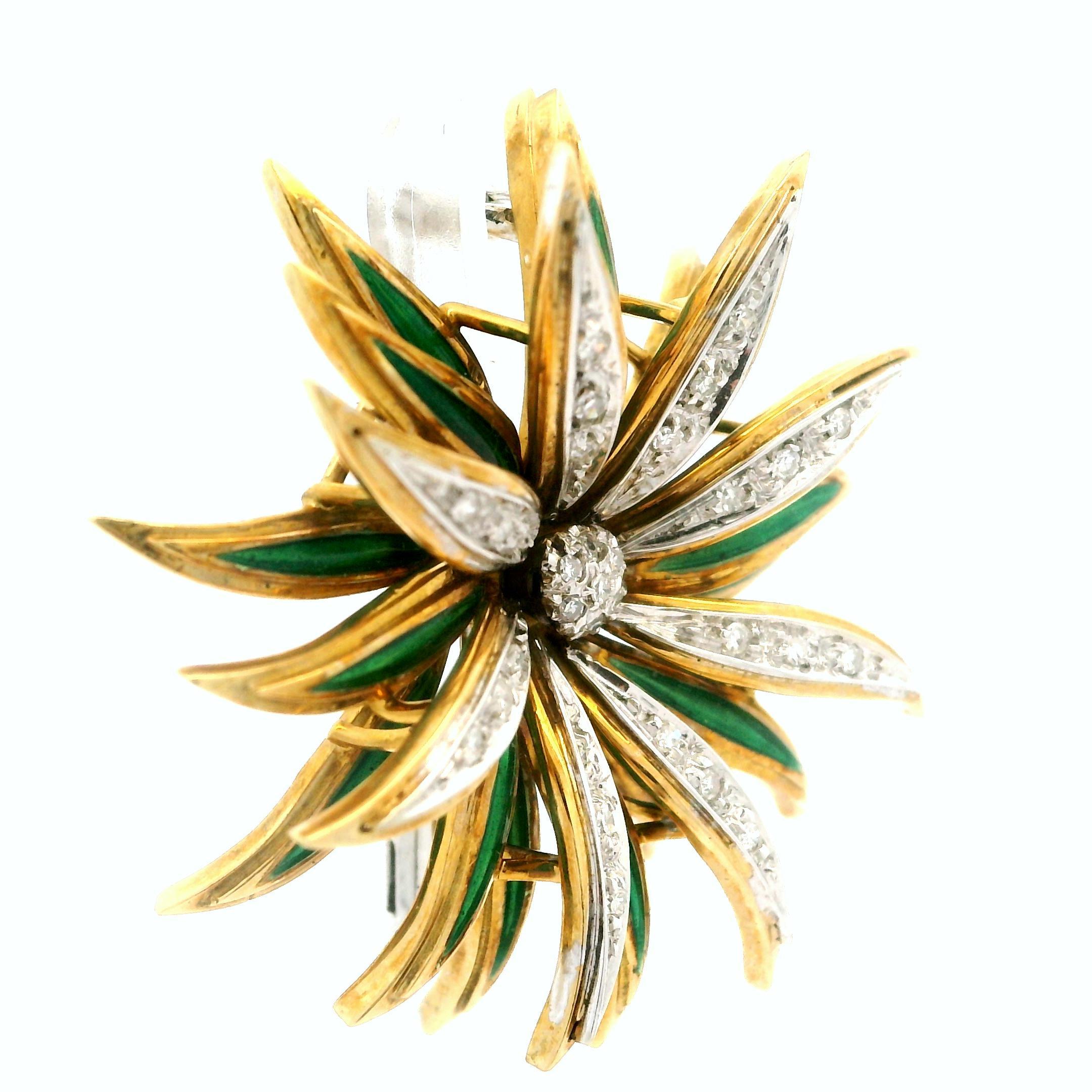 Vintage 18k Massivgold Diamant Grün Emaille Sprühblume Multi Layer Brosche Pin Damen im Angebot
