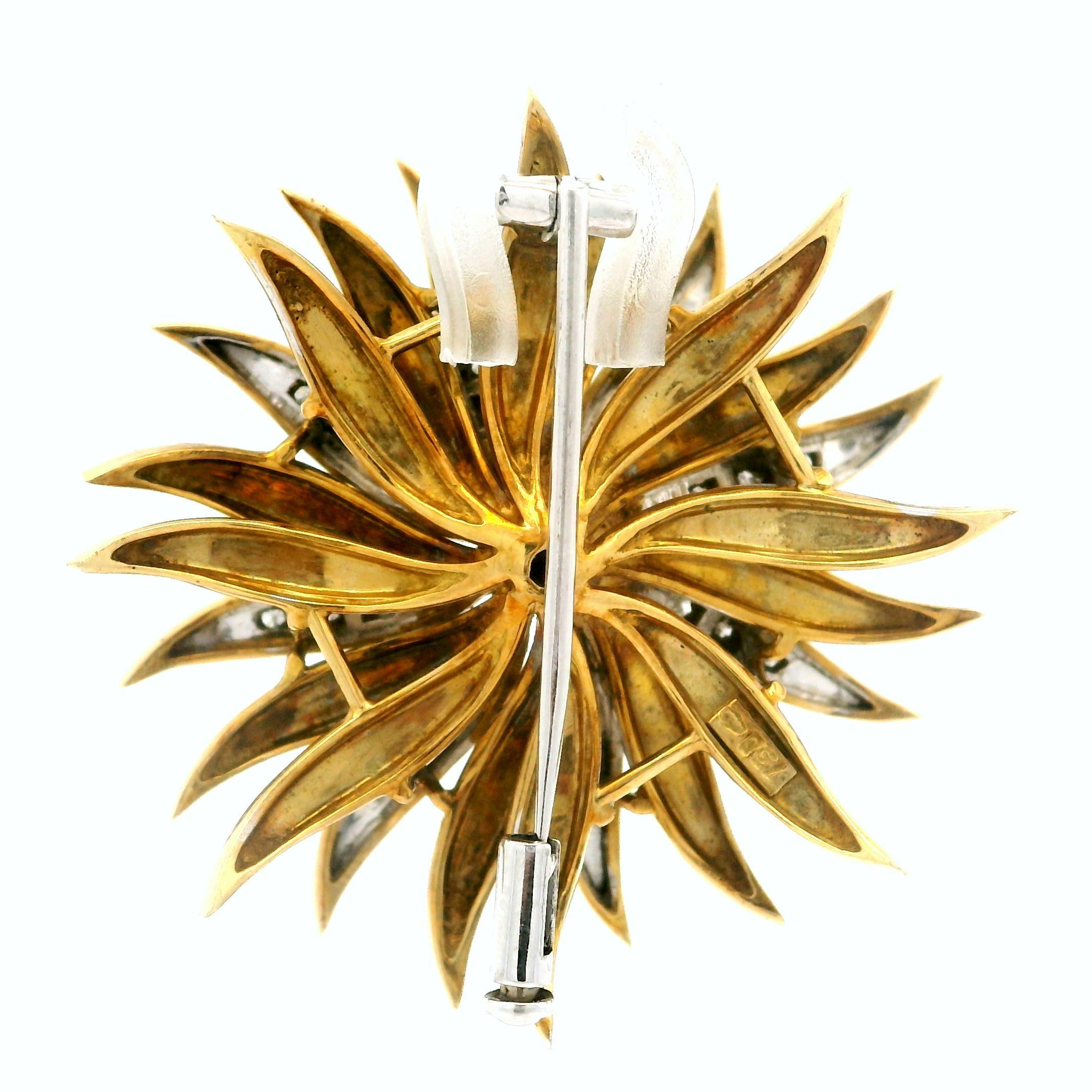 Vintage 18k Massivgold Diamant Grün Emaille Sprühblume Multi Layer Brosche Pin im Angebot 1