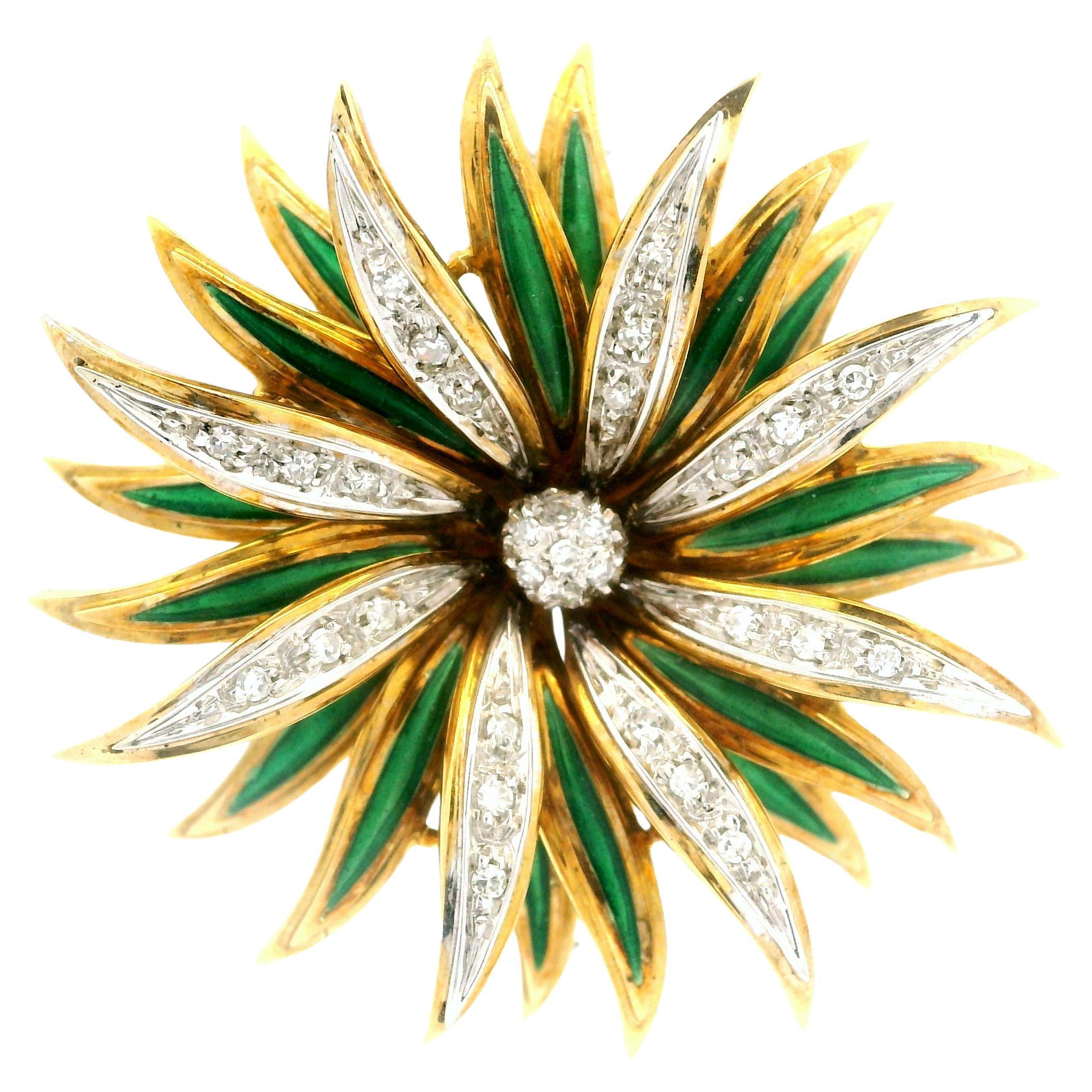 Vintage 18k Solid Gold Diamond Green Enamel Spray Flower Multi Layer Brooch Pin