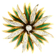 Vintage 18k Solid Gold Diamond Green Enamel Spray Flower Multi Layer Brooch Pin