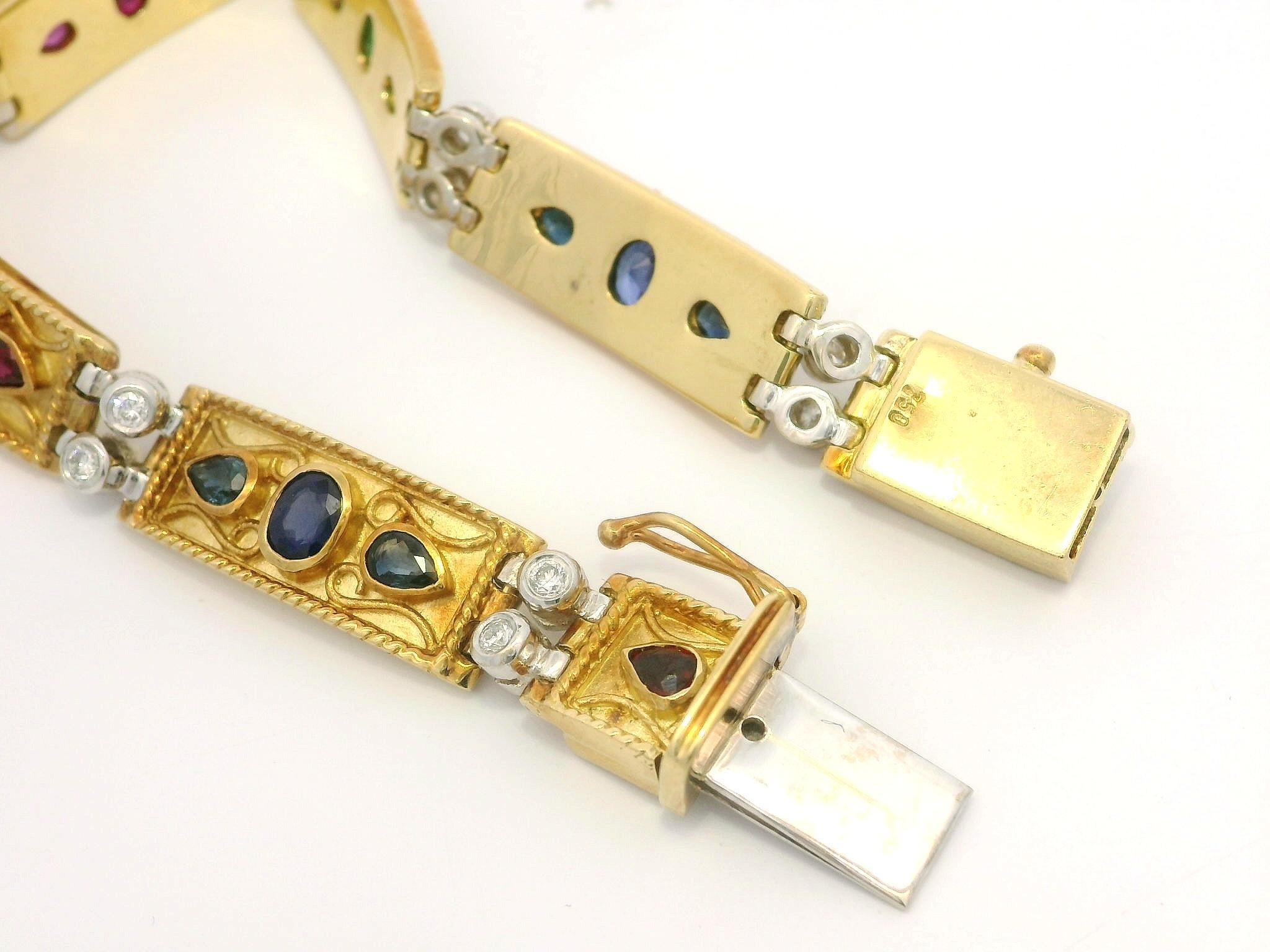 Vintage 18k Solid Gold Emerald Ruby Sapphire & Diamond Wire Work Link Bracelet in vendita 5
