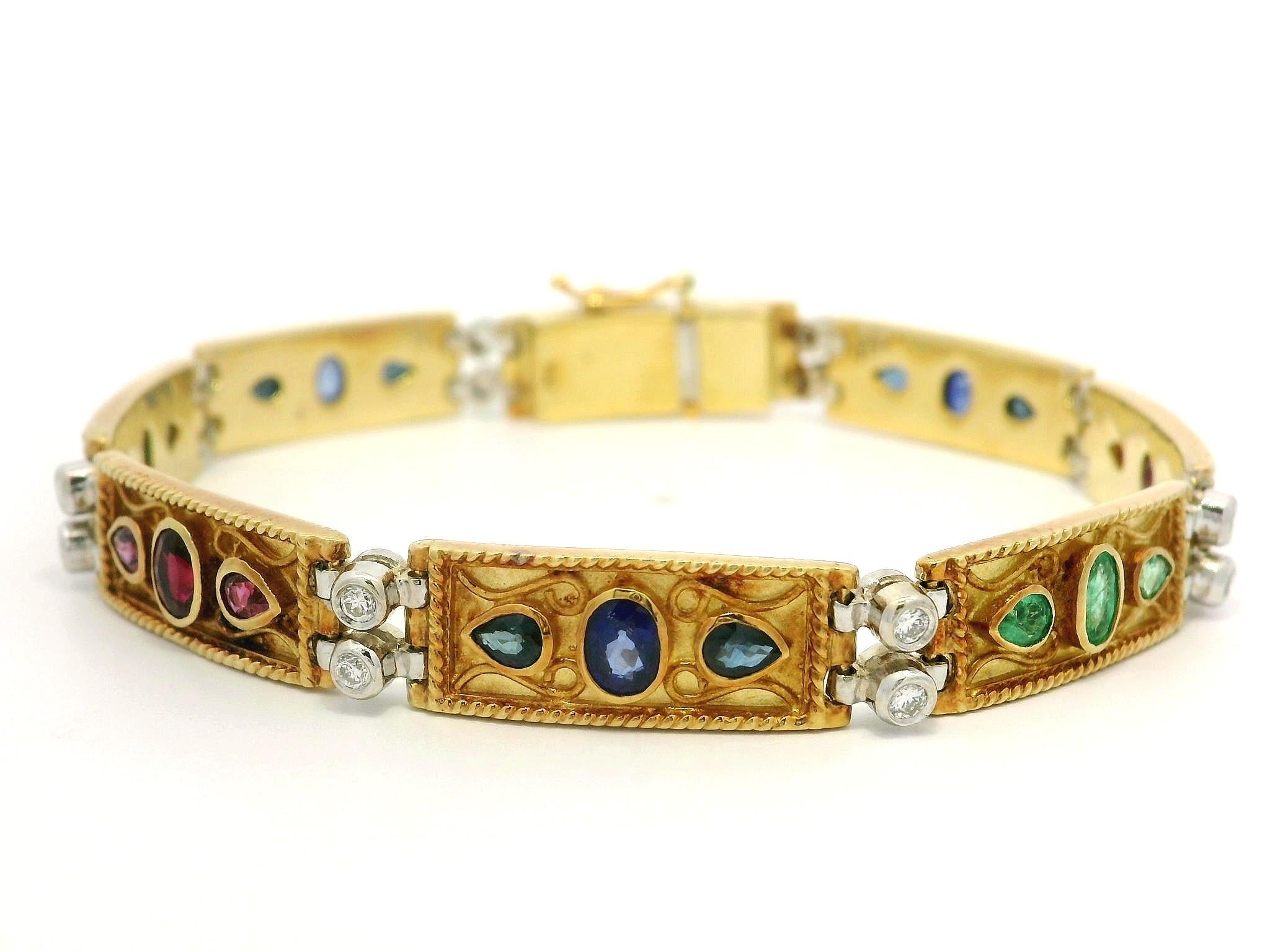 Vintage 18k Solid Gold Emerald Ruby Sapphire & Diamond Wire Work Link Bracelet in vendita 1