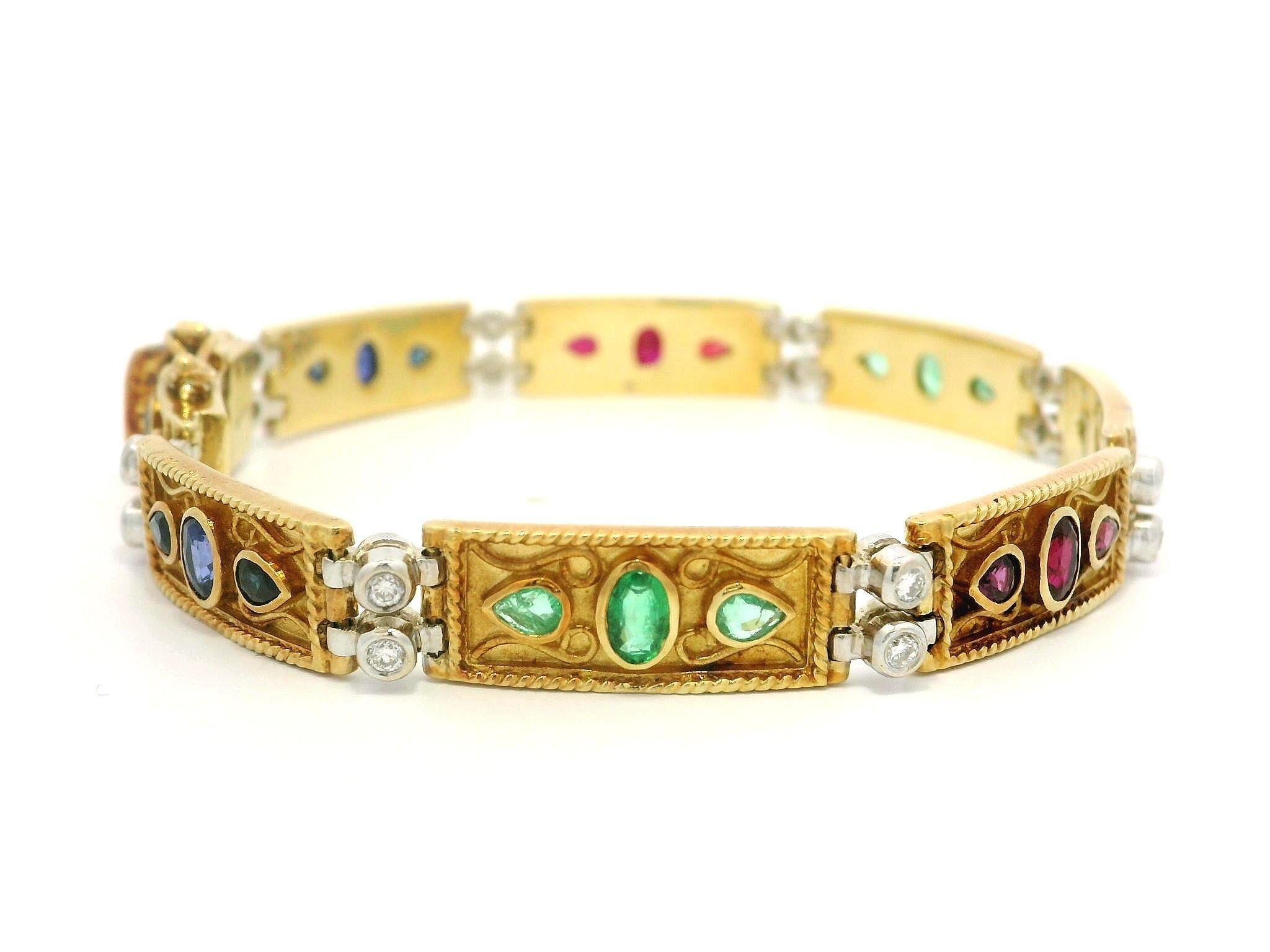 Vintage 18k Solid Gold Emerald Ruby Sapphire & Diamond Wire Work Link Bracelet in vendita 2