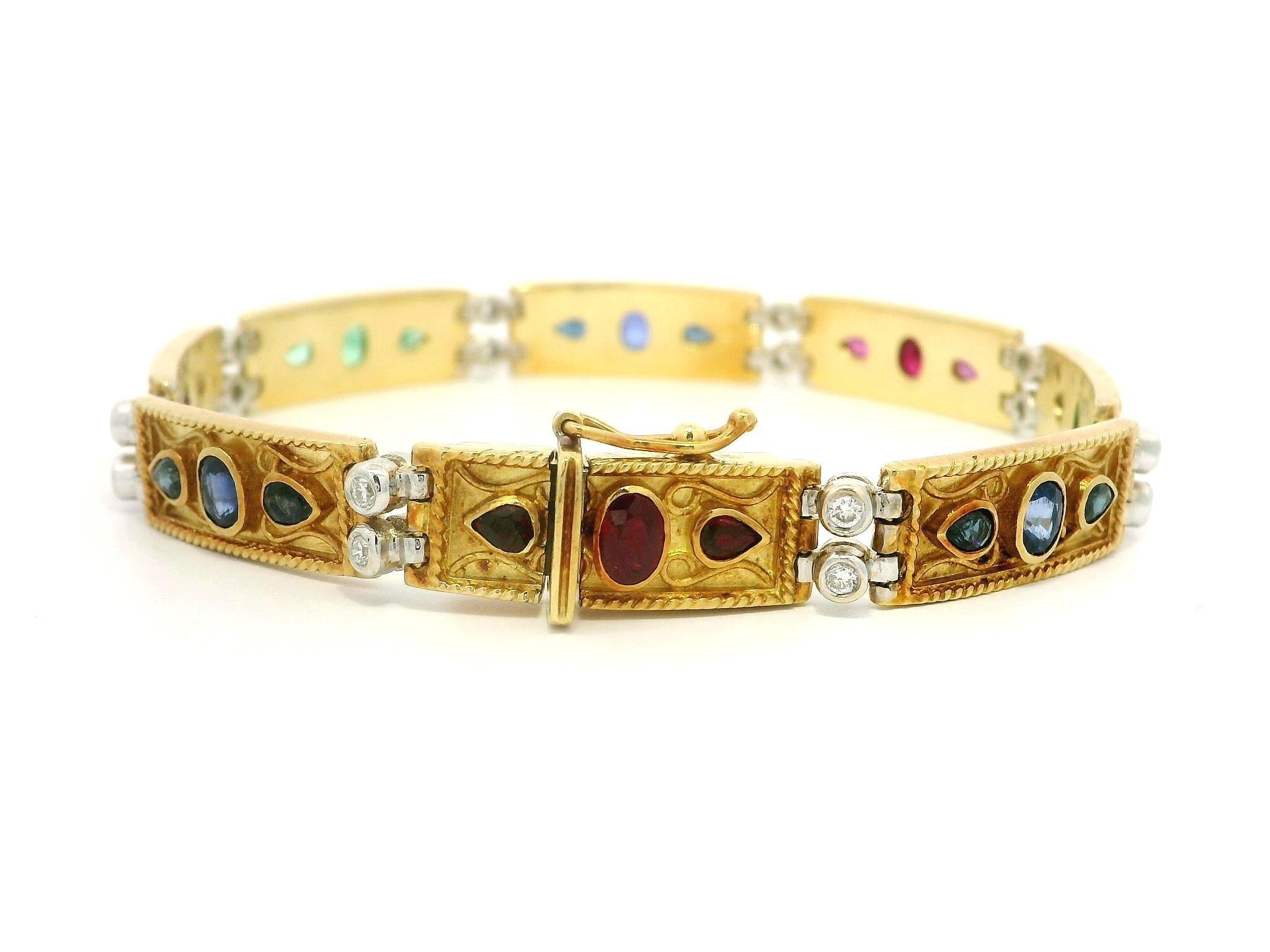 Vintage 18k Solid Gold Emerald Ruby Sapphire & Diamond Wire Work Link Bracelet in vendita 3