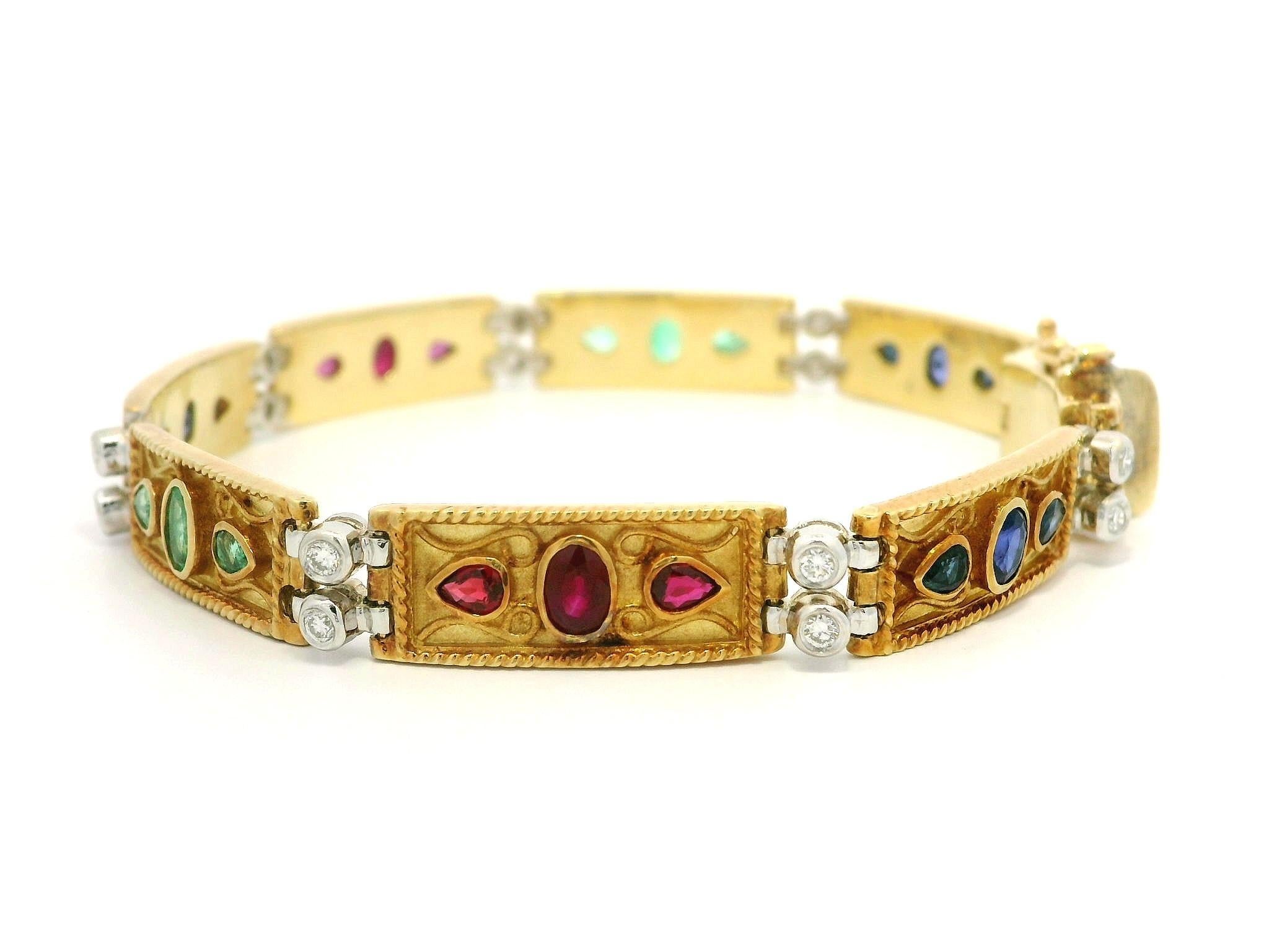 Vintage 18k Solid Gold Emerald Ruby Sapphire & Diamond Wire Work Link Bracelet in vendita 4