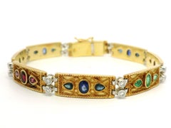 Vintage 18k Solid Gold Emerald Ruby Sapphire & Diamond Wire Work Link Bracelet