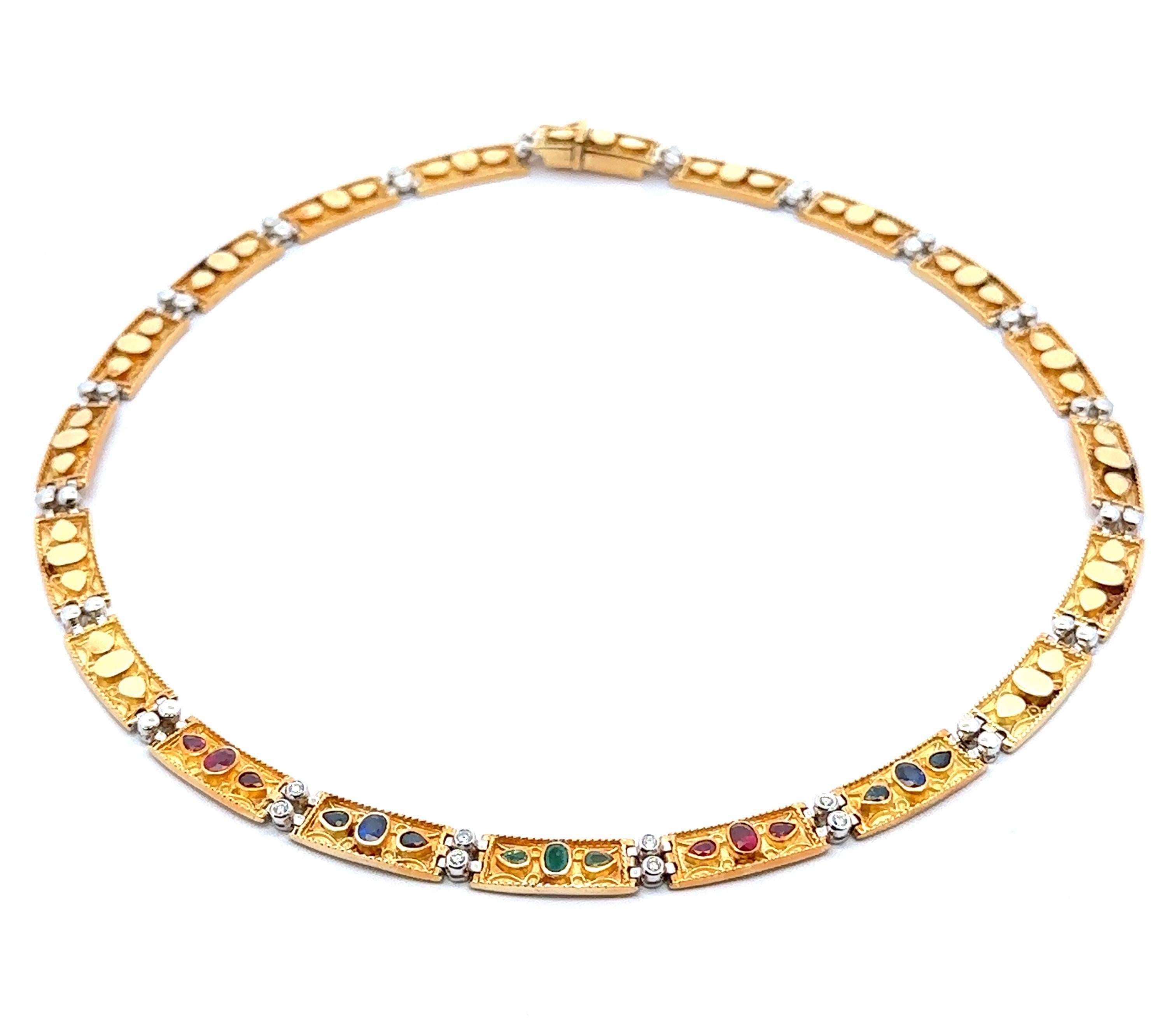 Vintage 18k Solid Gold High Quality Emerald Ruby Sapphire Diamond Link Necklace en vente 6