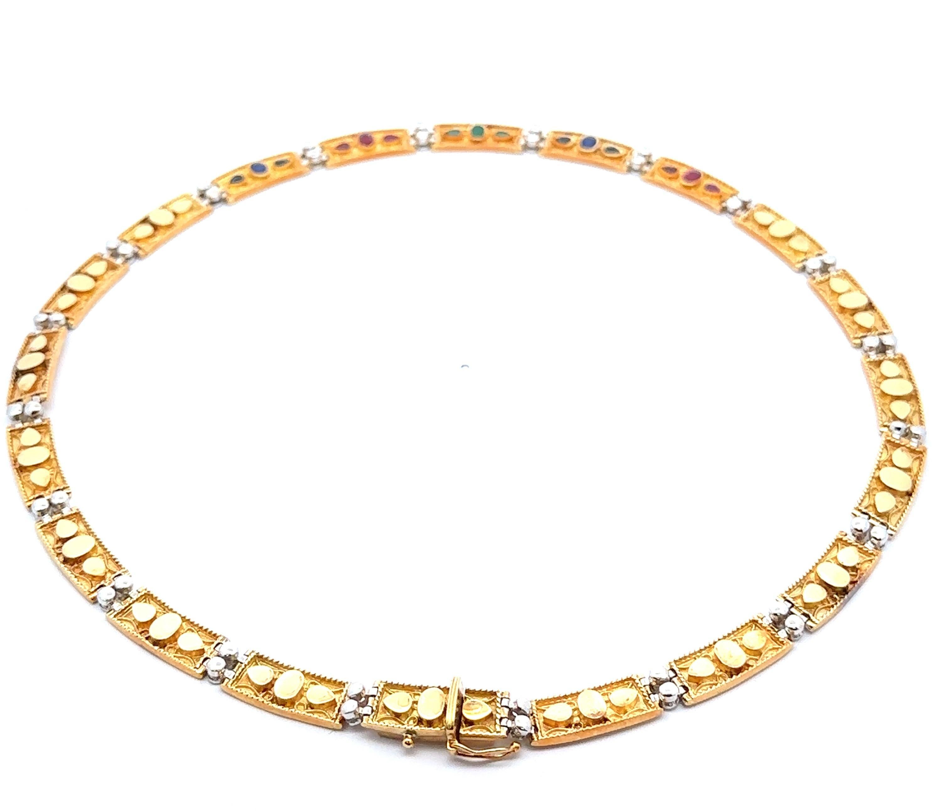 Vintage 18k Solid Gold High Quality Emerald Ruby Sapphire Diamond Link Necklace Bon état - En vente à Montclair, NJ