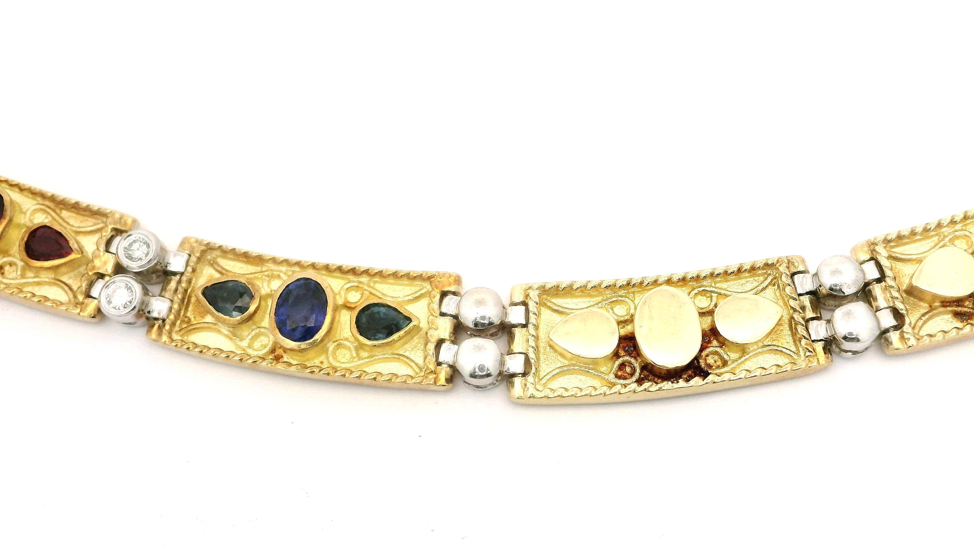 Vintage 18k Solid Gold High Quality Emerald Ruby Sapphire Diamond Link Necklace en vente 2