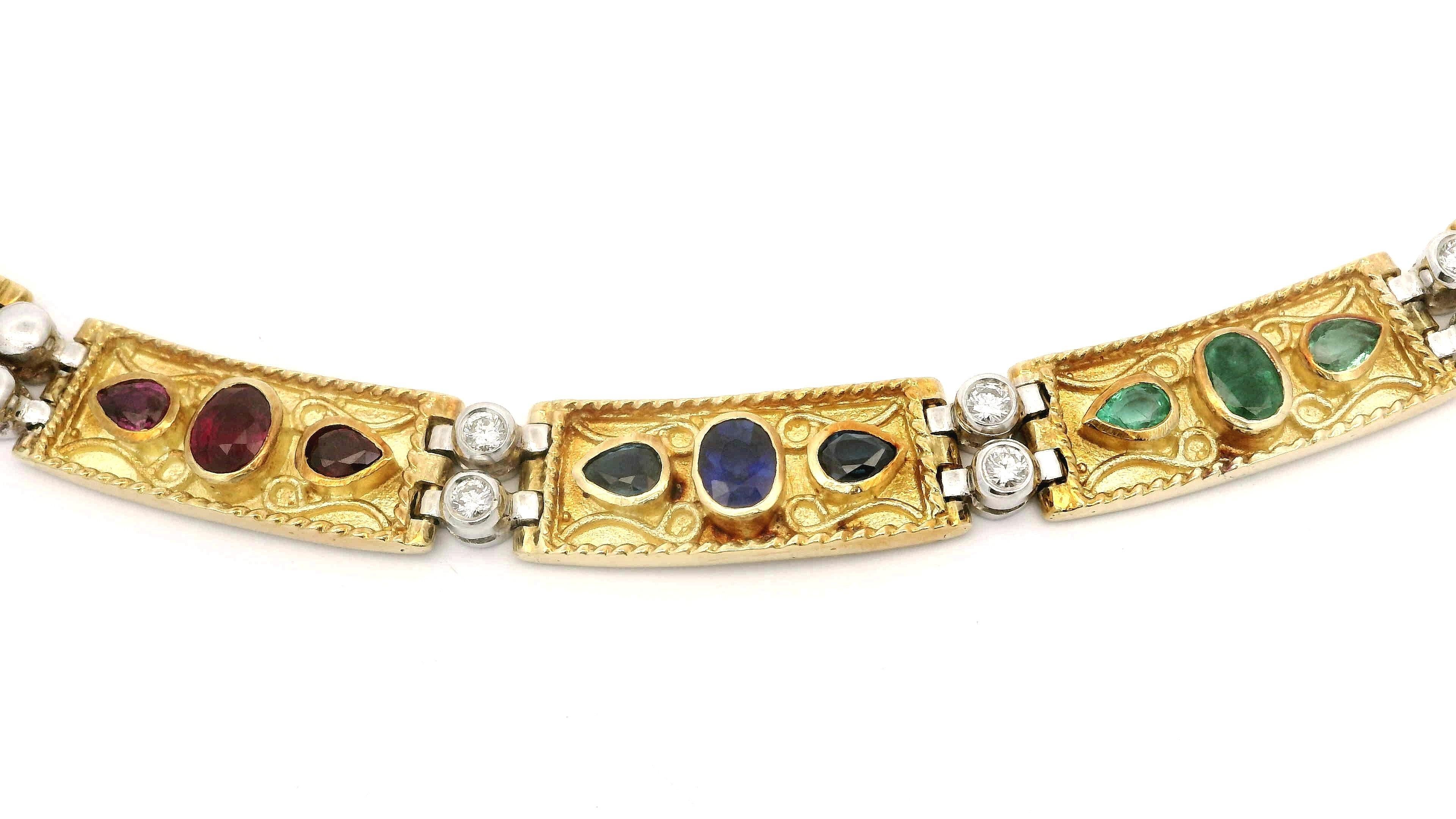 Vintage 18k Solid Gold High Quality Emerald Ruby Sapphire Diamond Link Necklace en vente 4