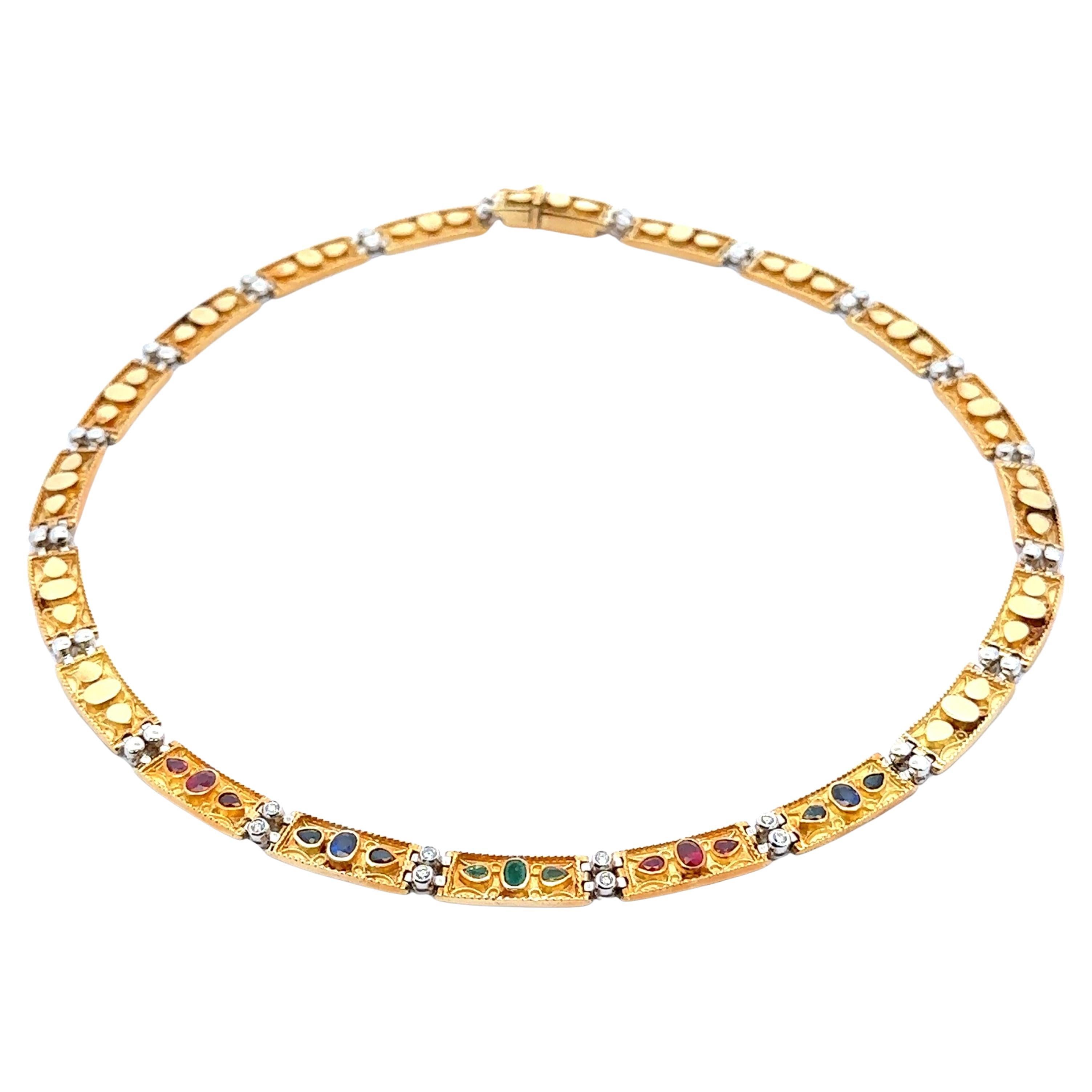 Vintage 18k Solid Gold High Quality Emerald Ruby Sapphire Diamond Link Necklace