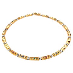 Vintage 18k Solid Gold High Quality Emerald Ruby Sapphire Diamond Link Necklace