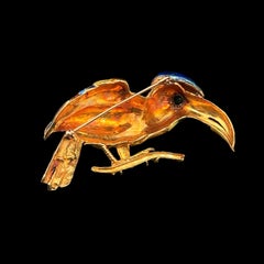 Vintage 18k Solid Gold Multi Color Enamel Toucan Parrot Bird Large Pin Brooch