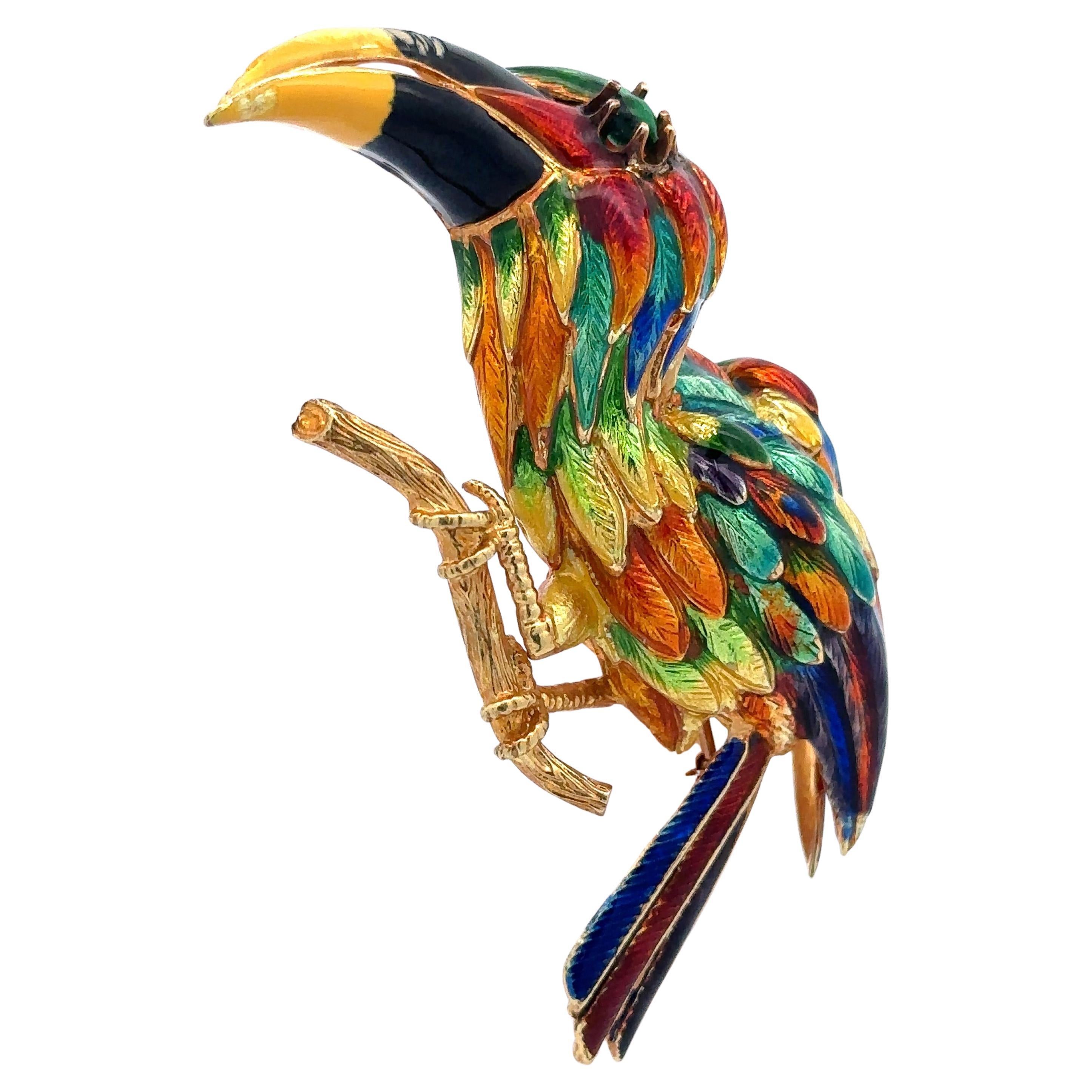 Vintage 18k Massivgold Mehrfarbige Emaille Toucan Papagei Vogel Große Anstecknadelbrosche