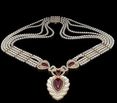 Vintage 18k Solid Gold Ruby Diamond MOP Pearl 5 Strand Heart Choker Necklace