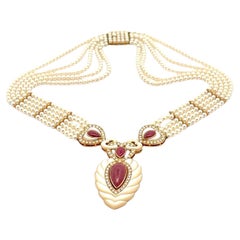 Vintage 18k Solid Gold Ruby Diamond MOP Pearl 5 Strand Heart Choker Necklace