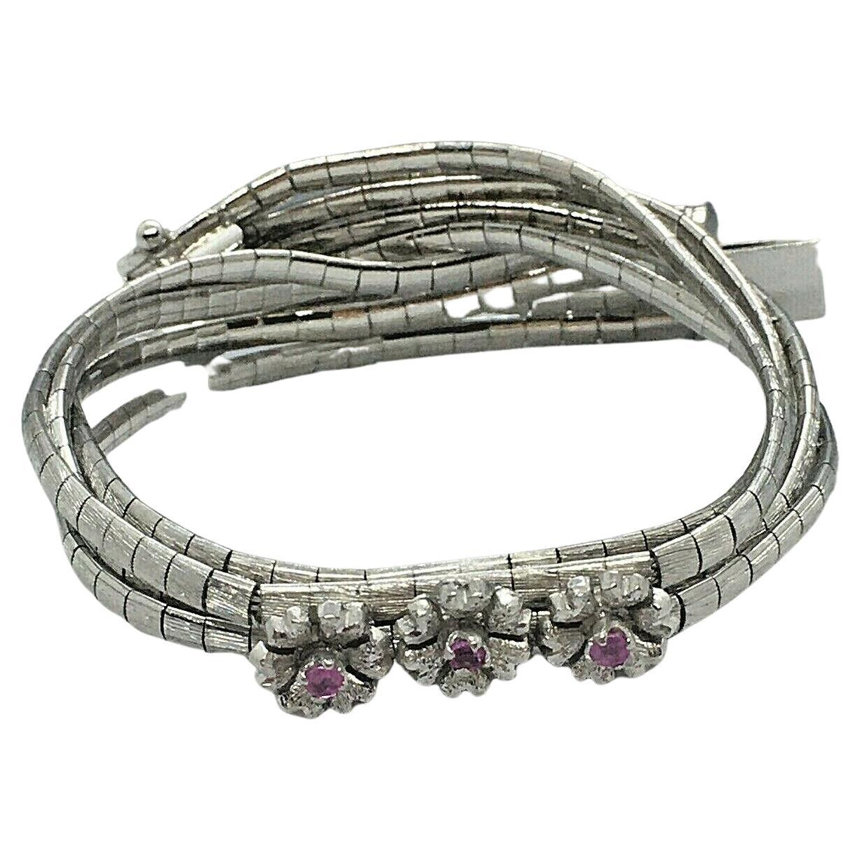 Bracciale italiano d'epoca a maglie lunghe in oro bianco massiccio 18 carati, rubino satinato