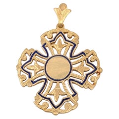 Vintage 18k Solid Yellow Gold Canterbury Cross Pendant Etched Cobalt Blue Enamel