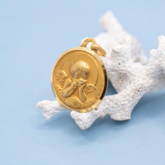 Vintage 18k Solid Yellow Gold Cherub Pendant: Augis Angel Charm, French Hallmark