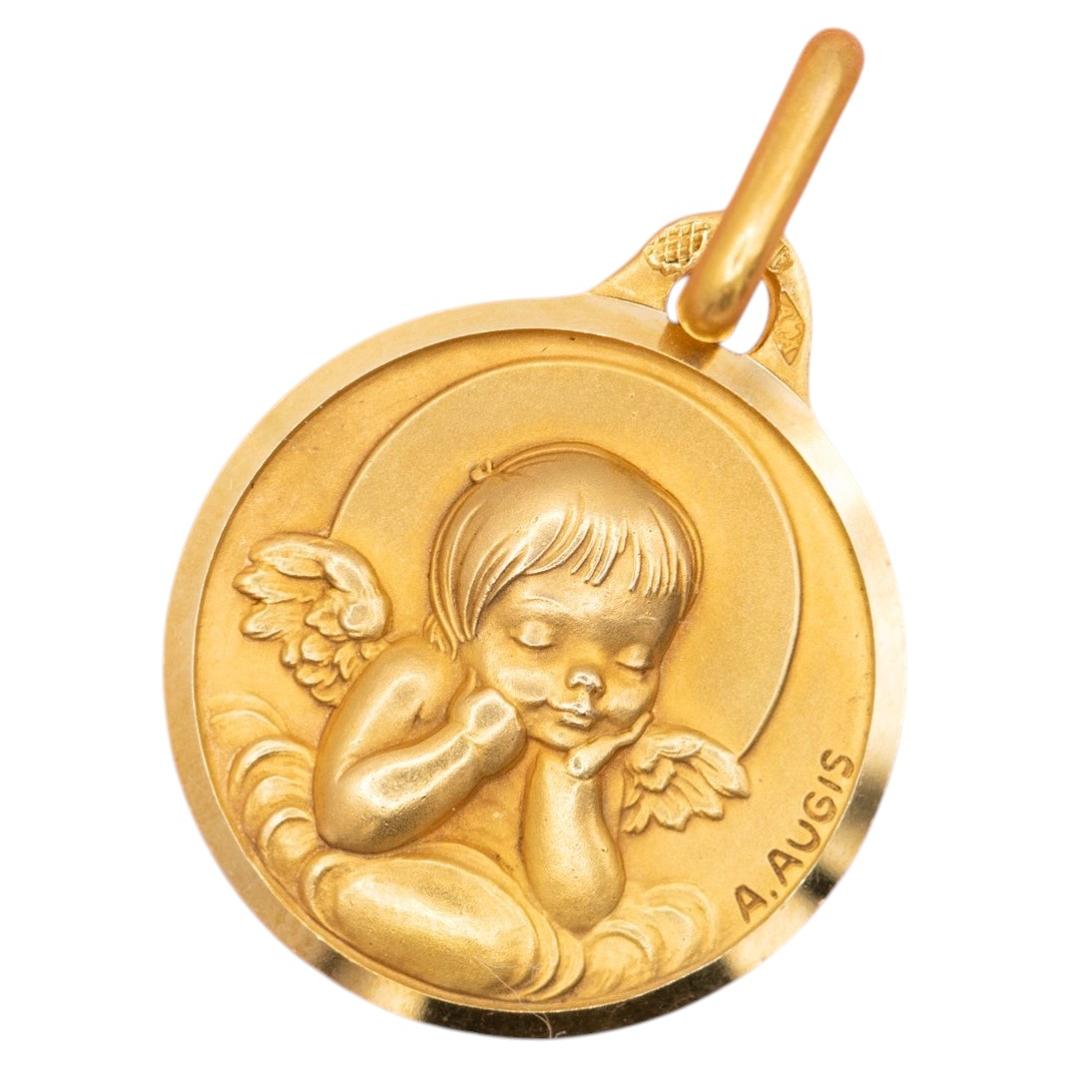 Vintage 18k Solid Yellow Gold Cherub Pendant: Augis Angel Charm, French Hallmark