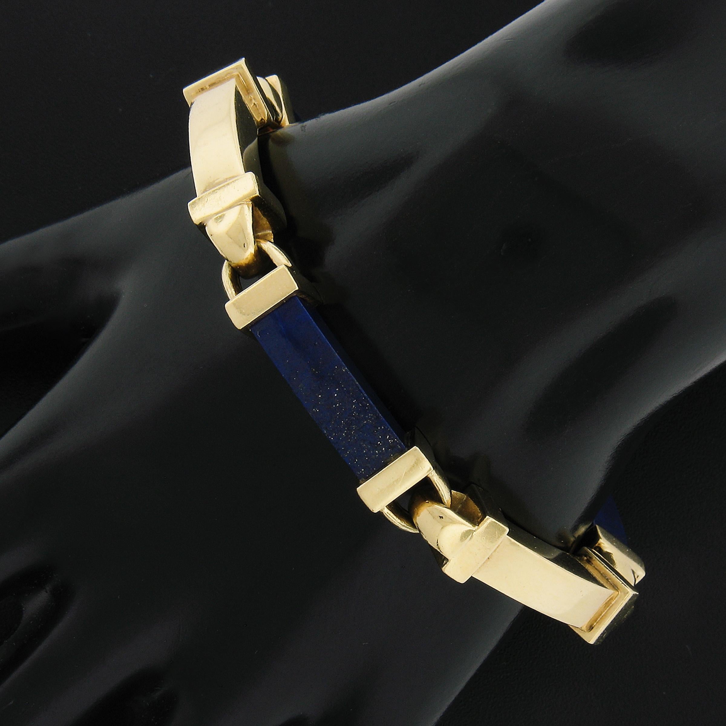 Mixed Cut Vintage 18k Solid Yellow Gold Curved Rectangular Blue Lapis Lazuli Link Bracelet For Sale