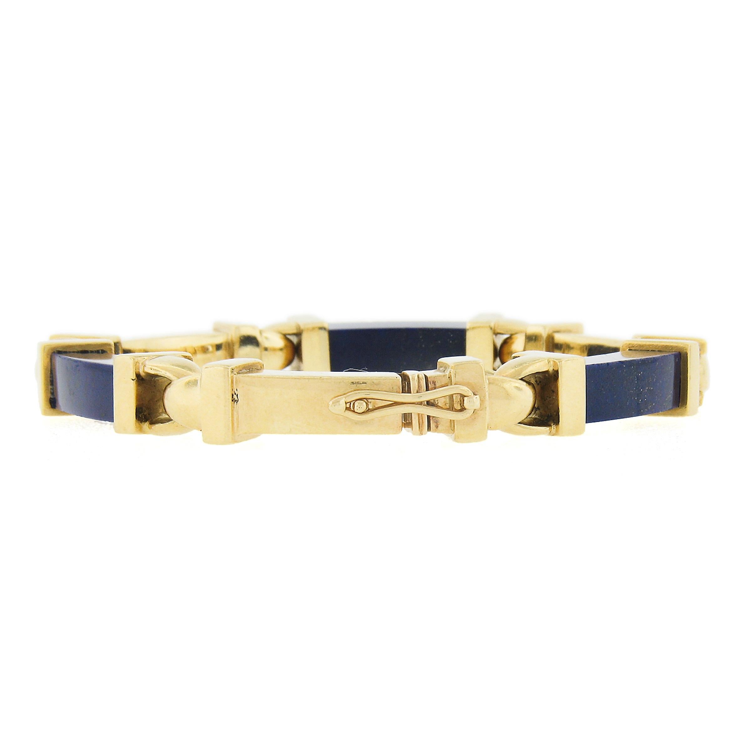 Women's Vintage 18k Solid Yellow Gold Curved Rectangular Blue Lapis Lazuli Link Bracelet For Sale