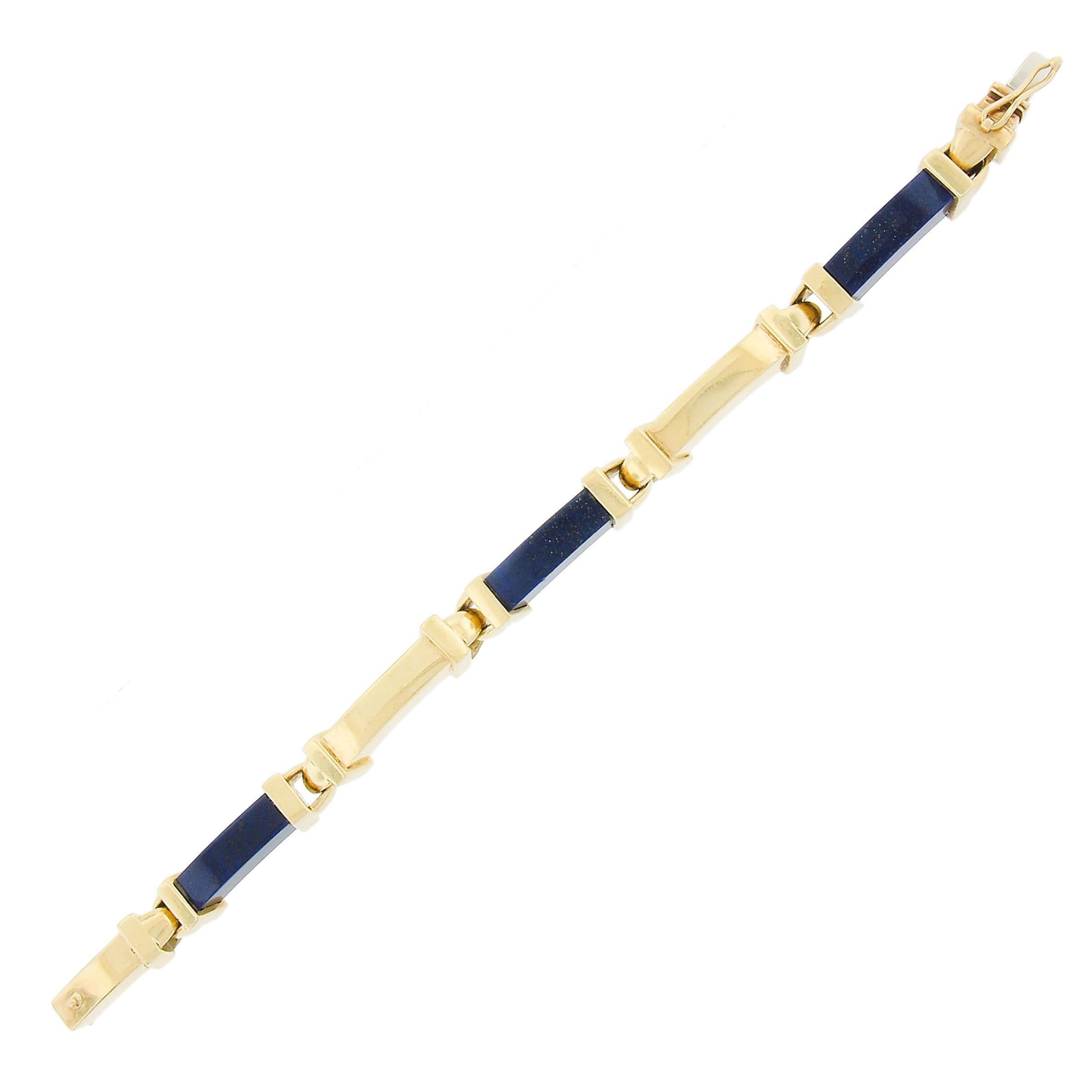 Vintage 18k Solid Yellow Gold Curved Rectangular Blue Lapis Lazuli Link Bracelet For Sale 1
