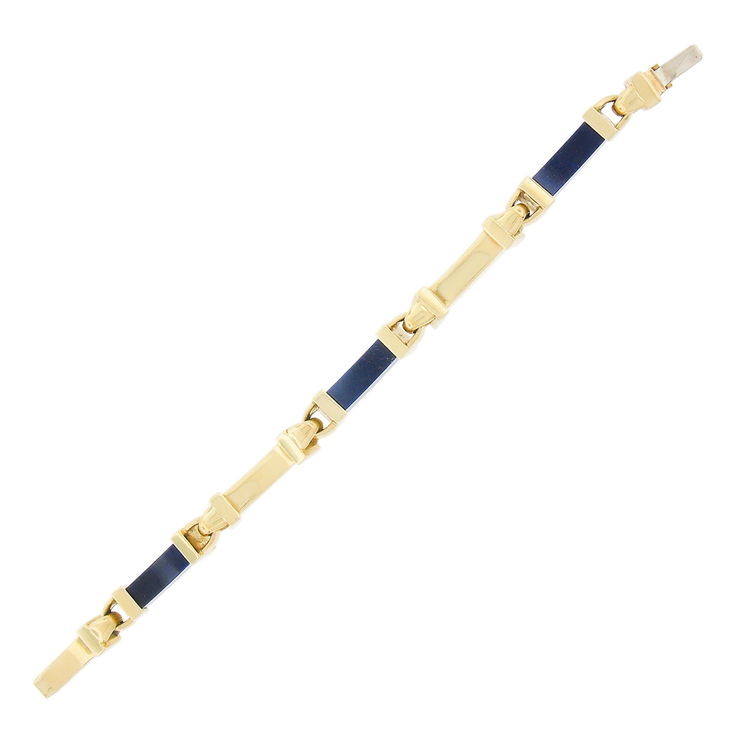 Vintage 18k Solid Yellow Gold Curved Rectangular Blue Lapis Lazuli Link Bracelet For Sale 2