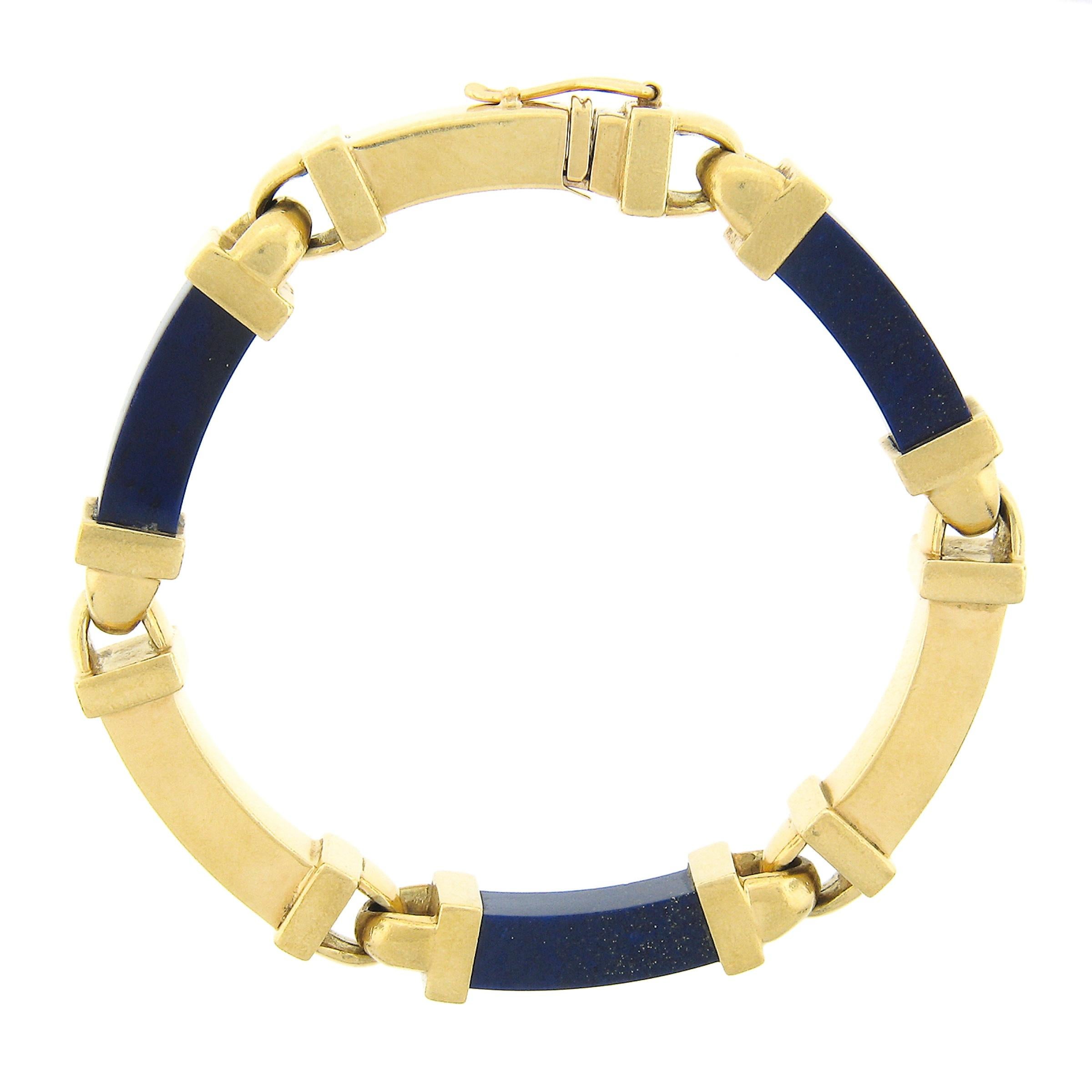 Vintage 18k Solid Yellow Gold Curved Rectangular Blue Lapis Lazuli Link Bracelet For Sale 3