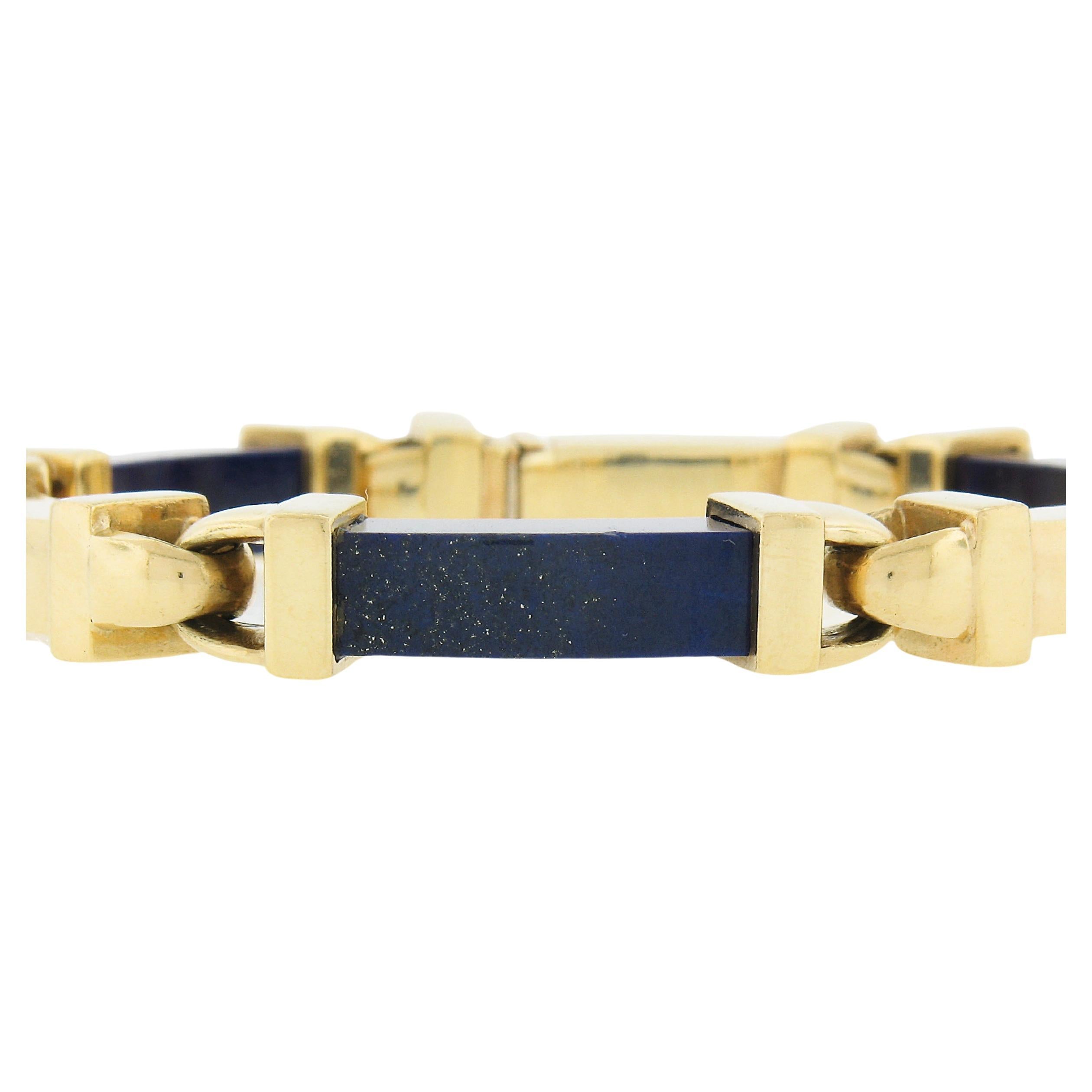 Vintage 18k Solid Yellow Gold Curved Rectangular Blue Lapis Lazuli Link Bracelet For Sale
