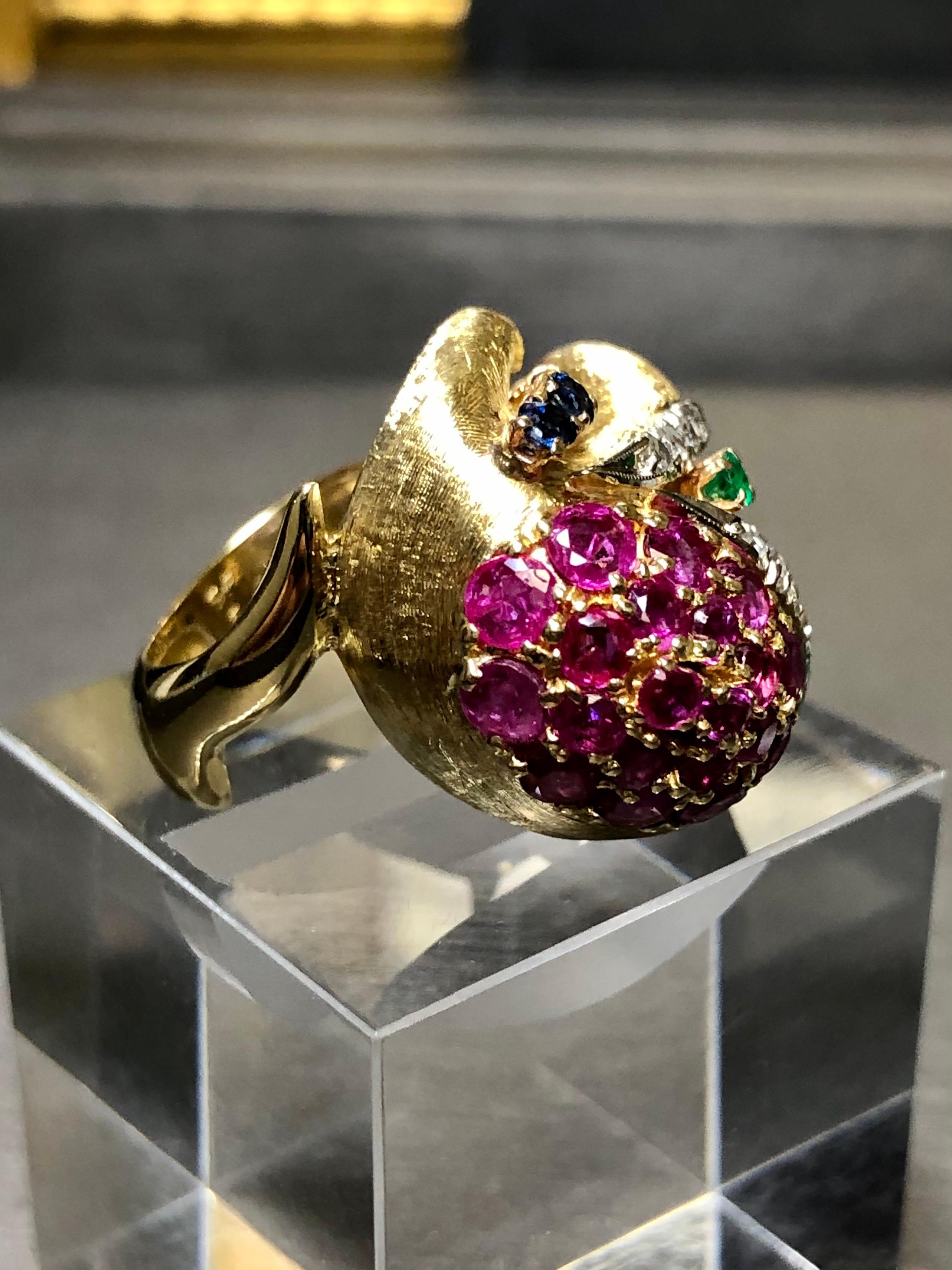 Contemporary Vintage 18K SPITZER FURMAN Diamond Ruby Emerald Sapphire Freeform Cocktail Ring For Sale