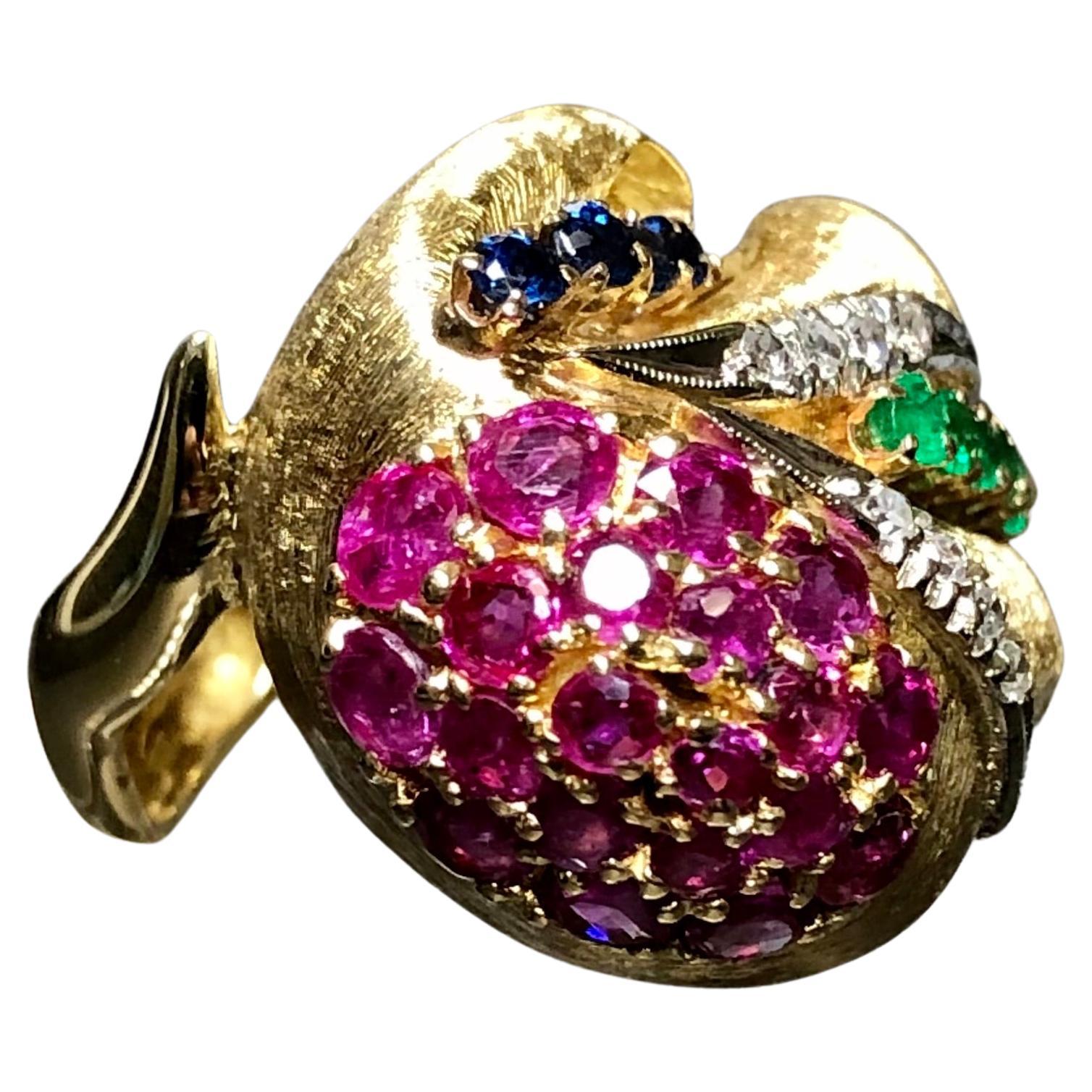 Vintage 18K SPITZER FURMAN Diamond Ruby Emerald Sapphire Freeform Cocktail Ring For Sale