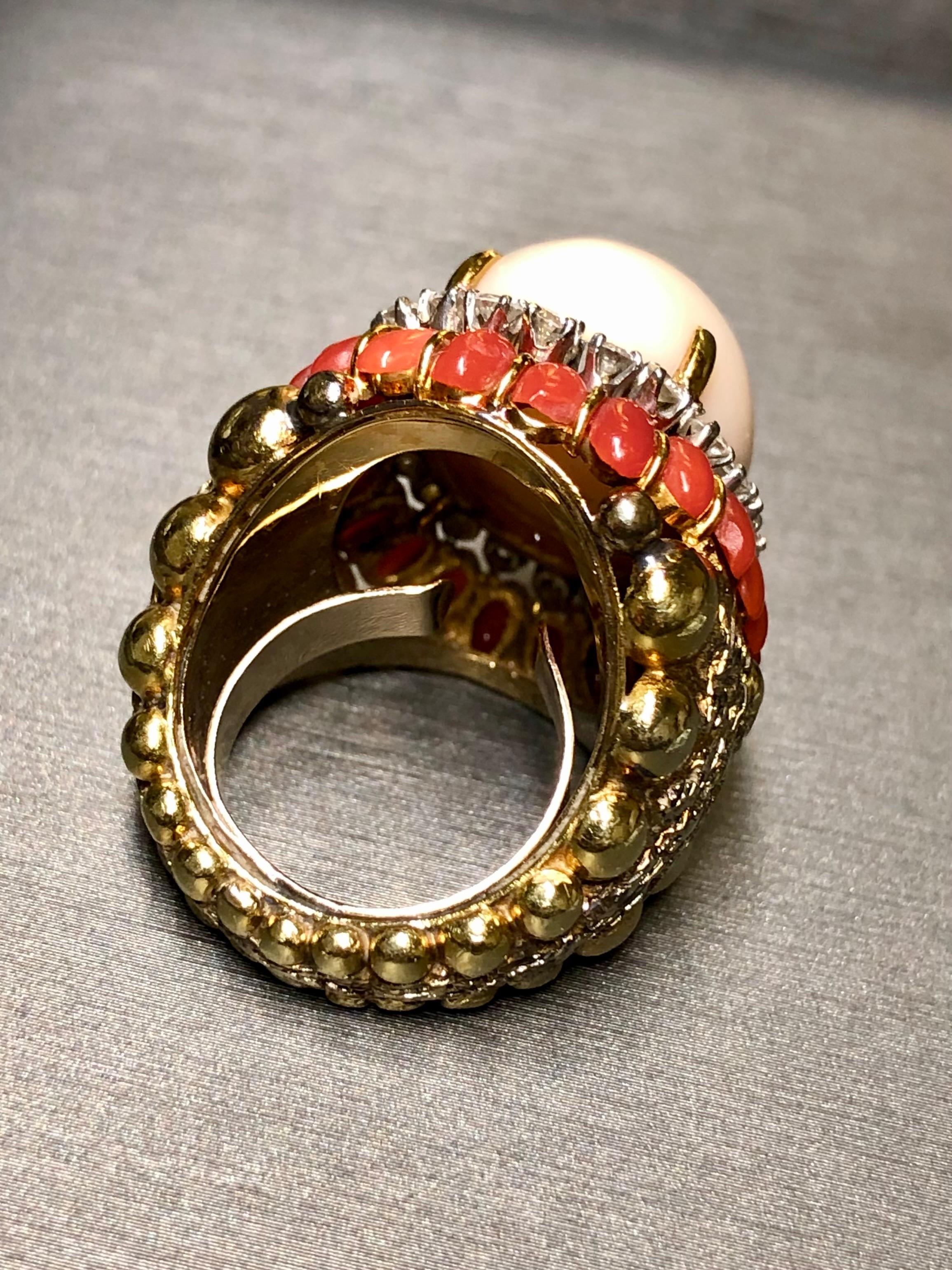 Vintage 18K Textured Red + Angel Skin Coral Cabochon Diamond Dome Cocktail Ring For Sale 5