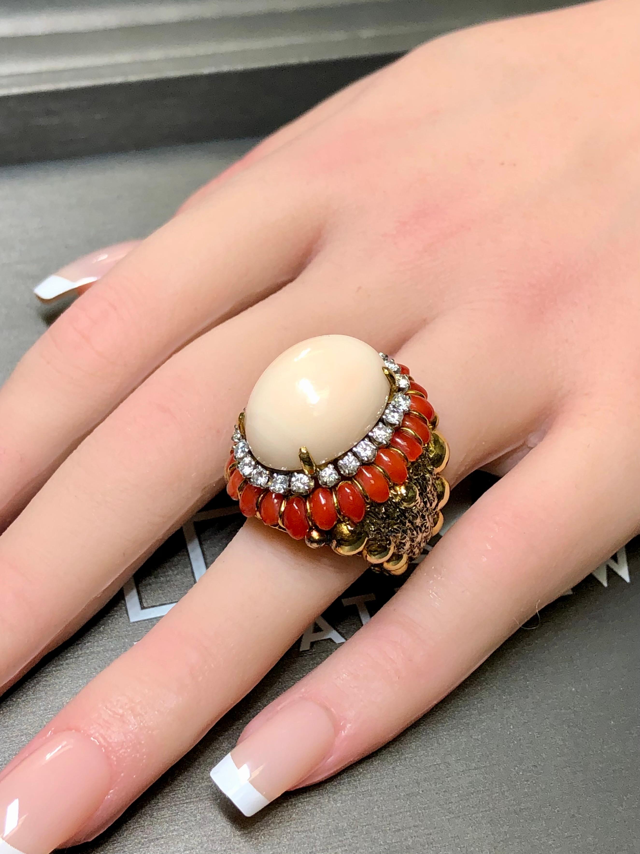 Vintage 18K Textured Red + Angel Skin Coral Cabochon Diamond Dome Cocktail Ring For Sale 6
