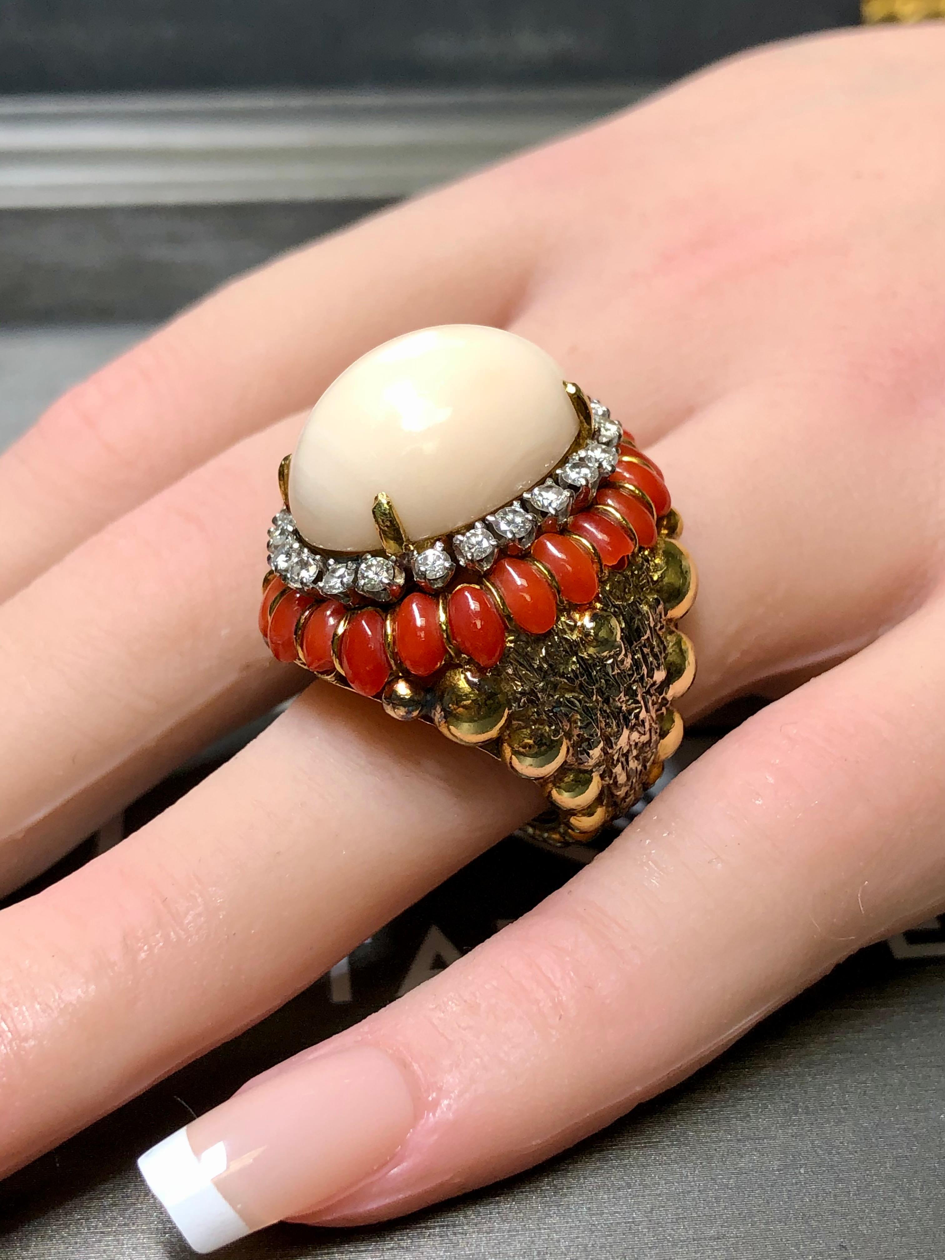 Vintage 18K Textured Red + Angel Skin Coral Cabochon Diamond Dome Cocktail Ring For Sale 7