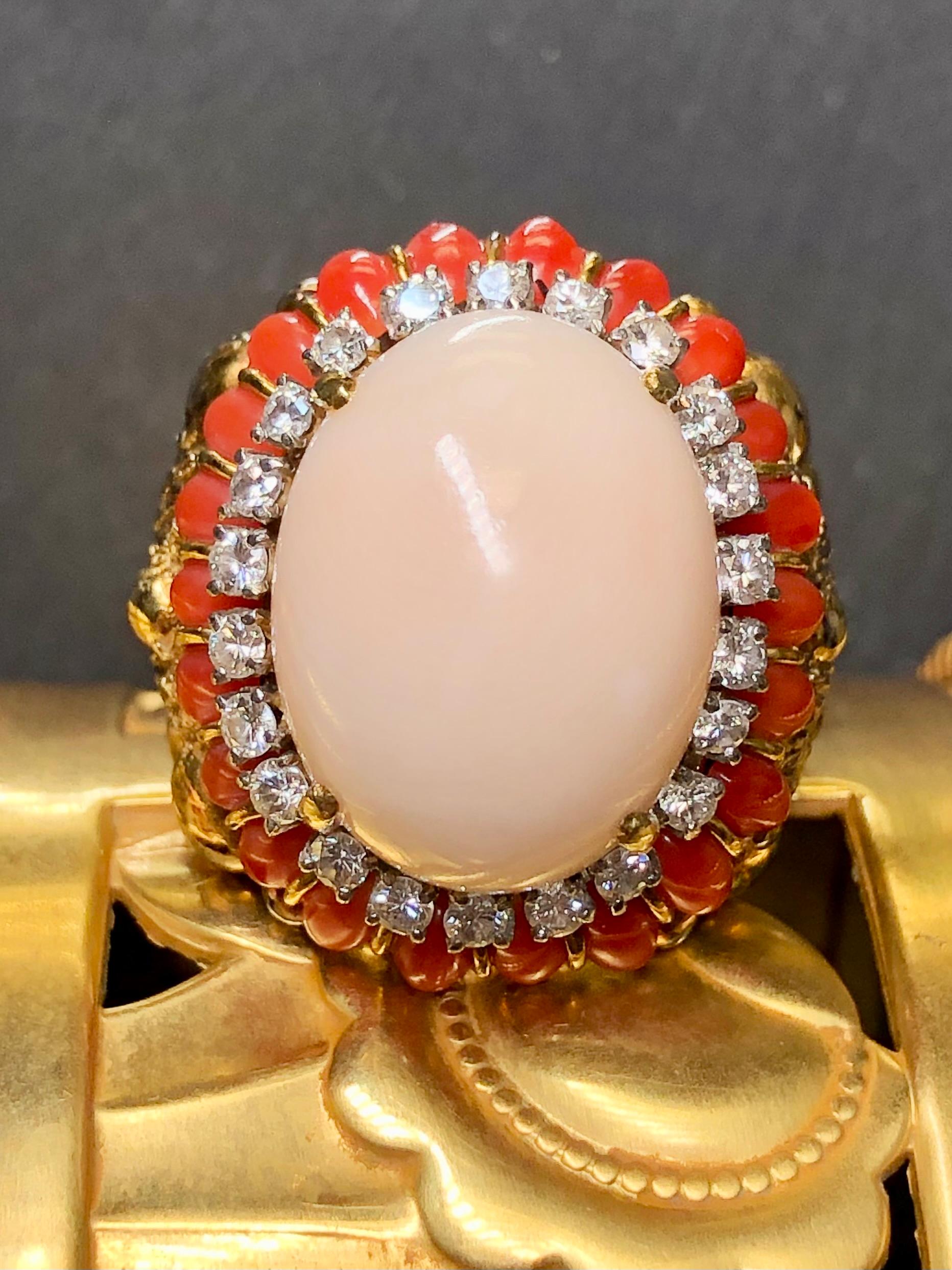 Contemporary Vintage 18K Textured Red + Angel Skin Coral Cabochon Diamond Dome Cocktail Ring For Sale