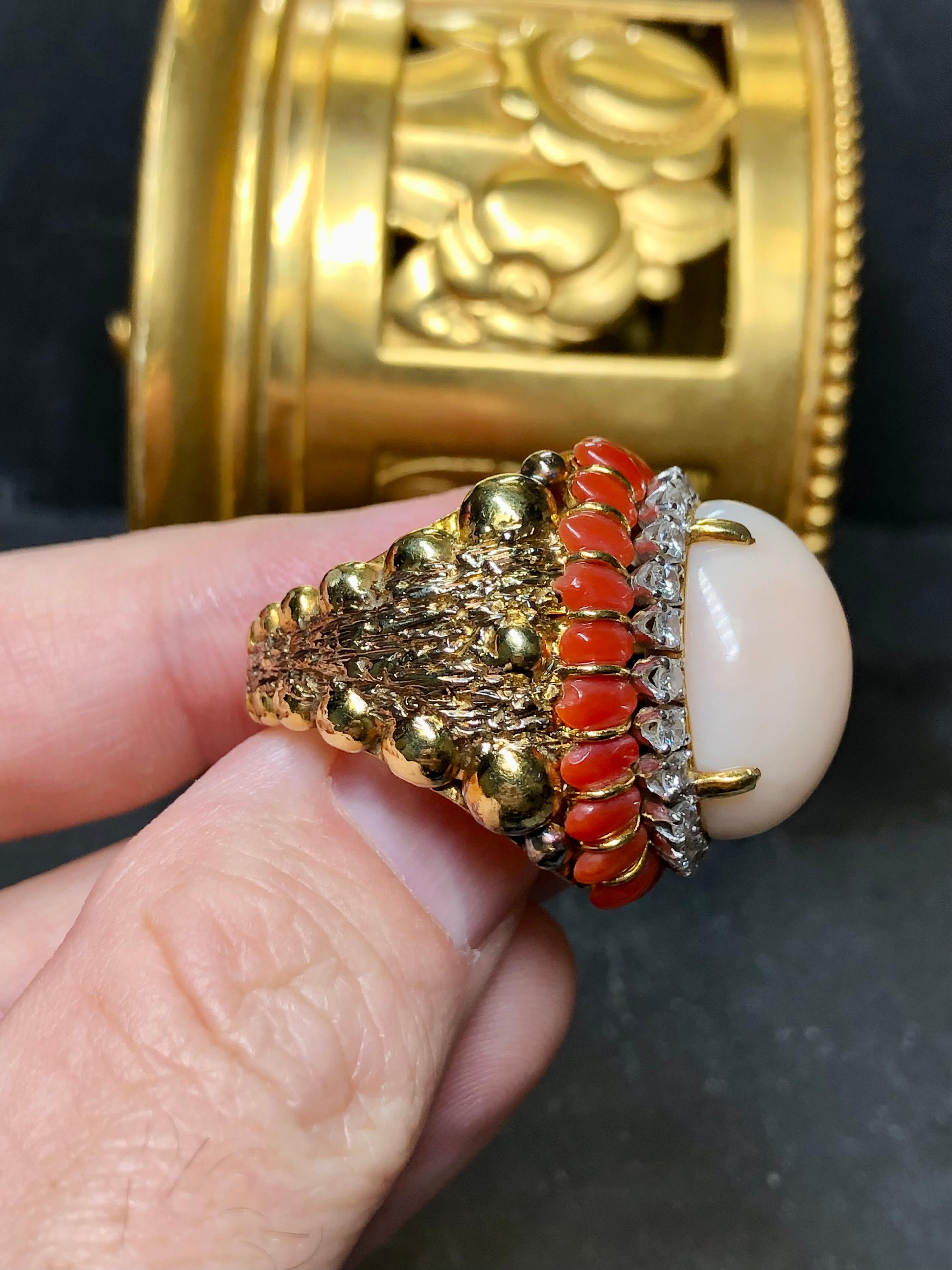Women's or Men's Vintage 18K Textured Red + Angel Skin Coral Cabochon Diamond Dome Cocktail Ring For Sale