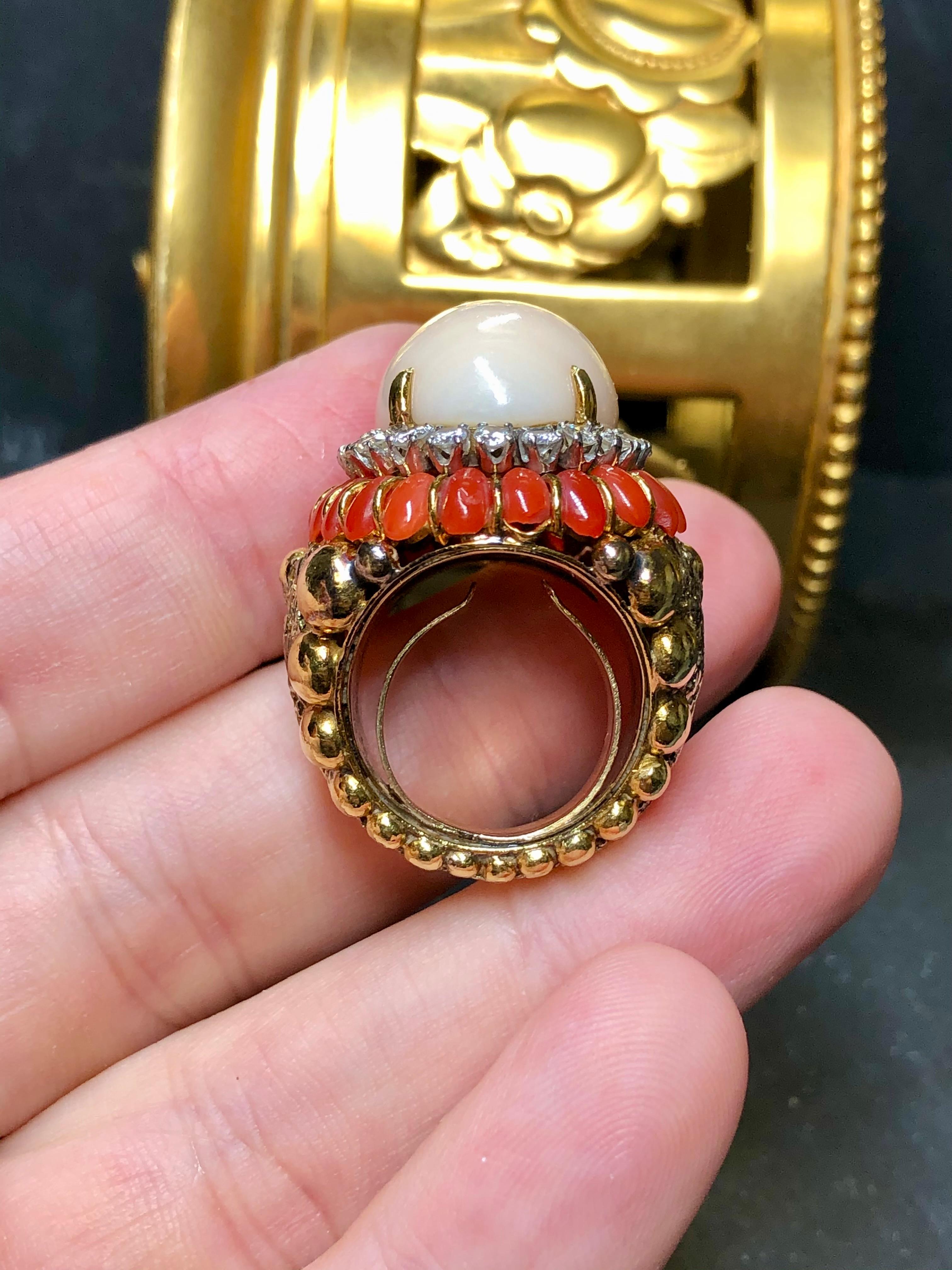 Vintage 18K Textured Red + Angel Skin Coral Cabochon Diamond Dome Cocktail Ring For Sale 1