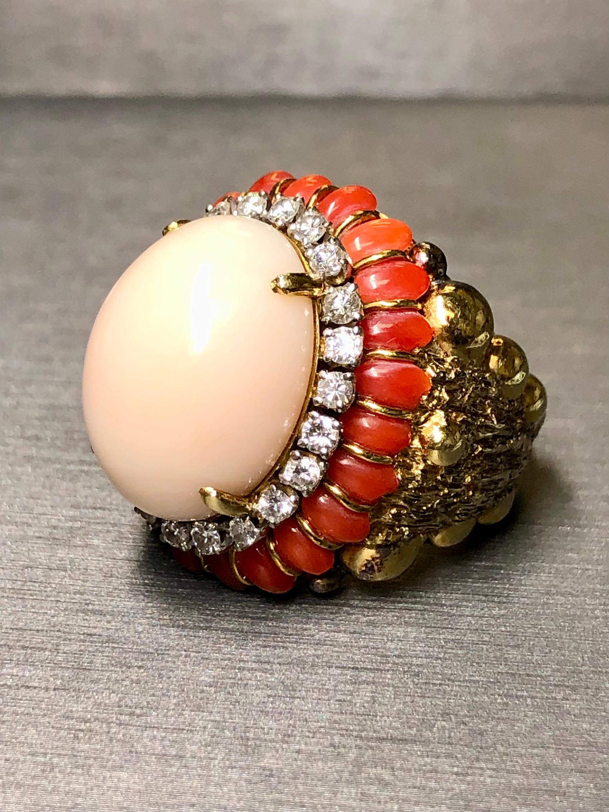 Vintage 18K Textured Red + Angel Skin Coral Cabochon Diamond Dome Cocktail Ring For Sale 3