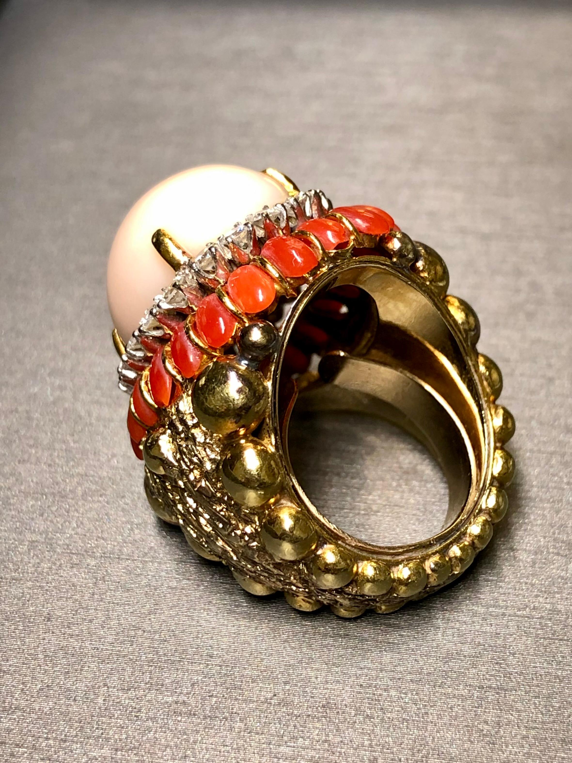 Vintage 18K Textured Red + Angel Skin Coral Cabochon Diamond Dome Cocktail Ring For Sale 4