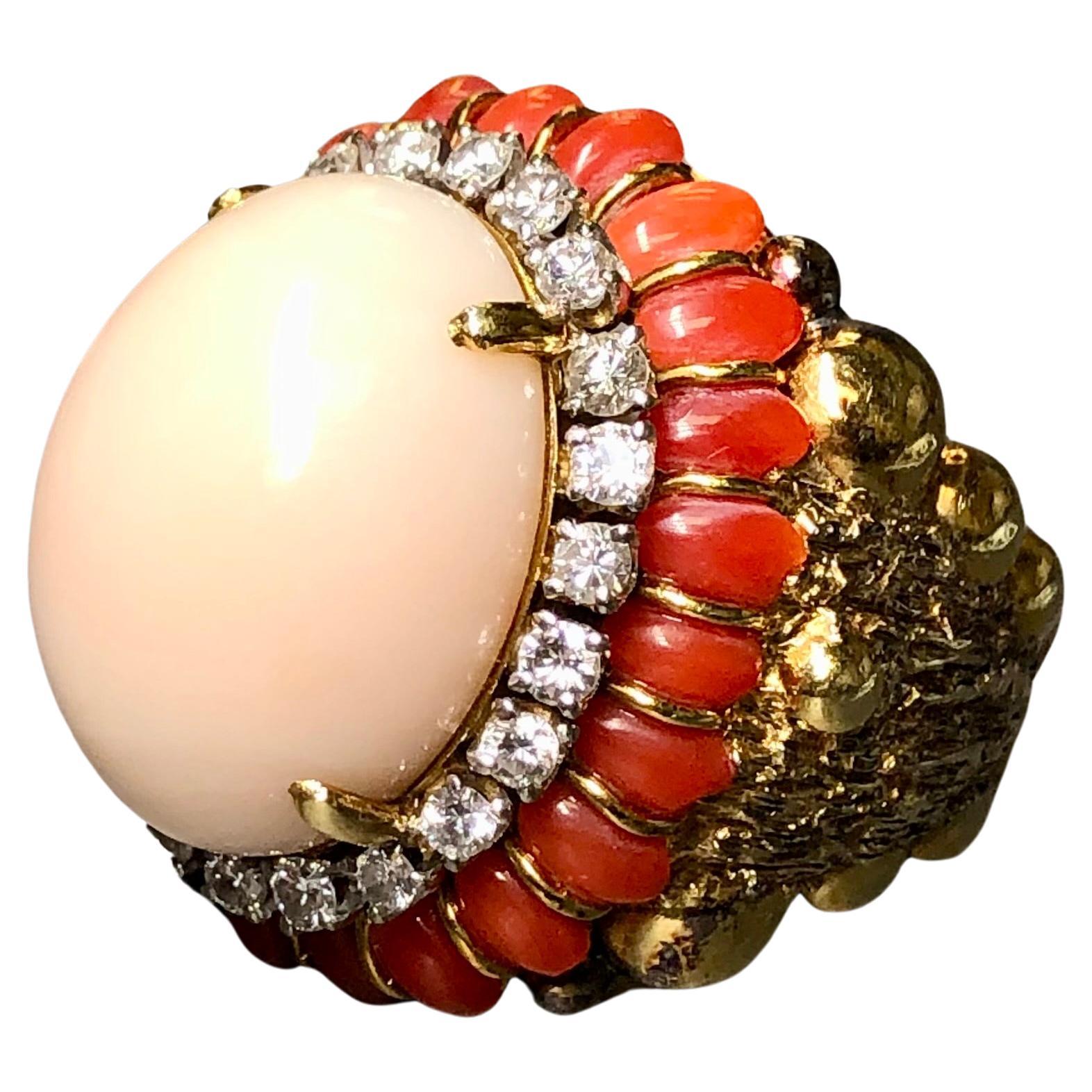 Vintage 18K Textured Red + Angel Skin Coral Cabochon Diamond Dome Cocktail Ring For Sale
