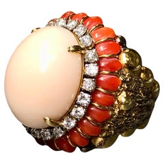 Retro 18K Textured Red + Angel Skin Coral Cabochon Diamond Dome Cocktail Ring
